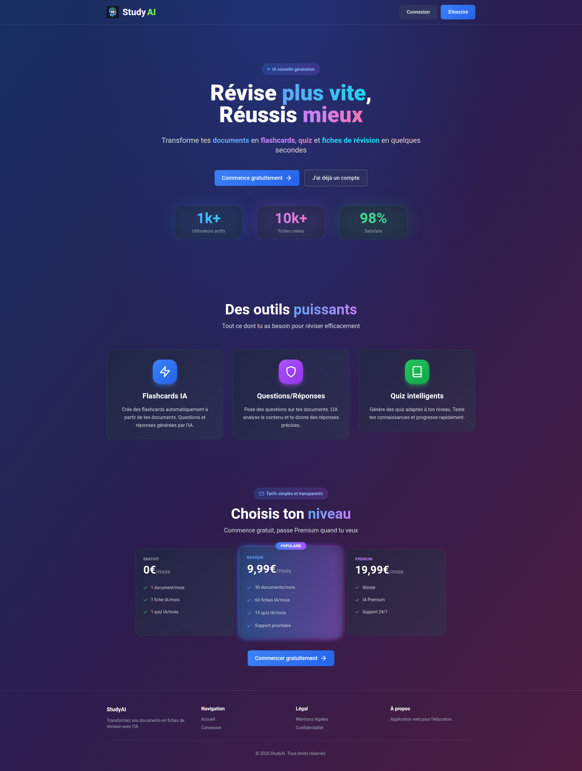 Landing page screenshot for studyai.fr, 1920 by 2543 pixels