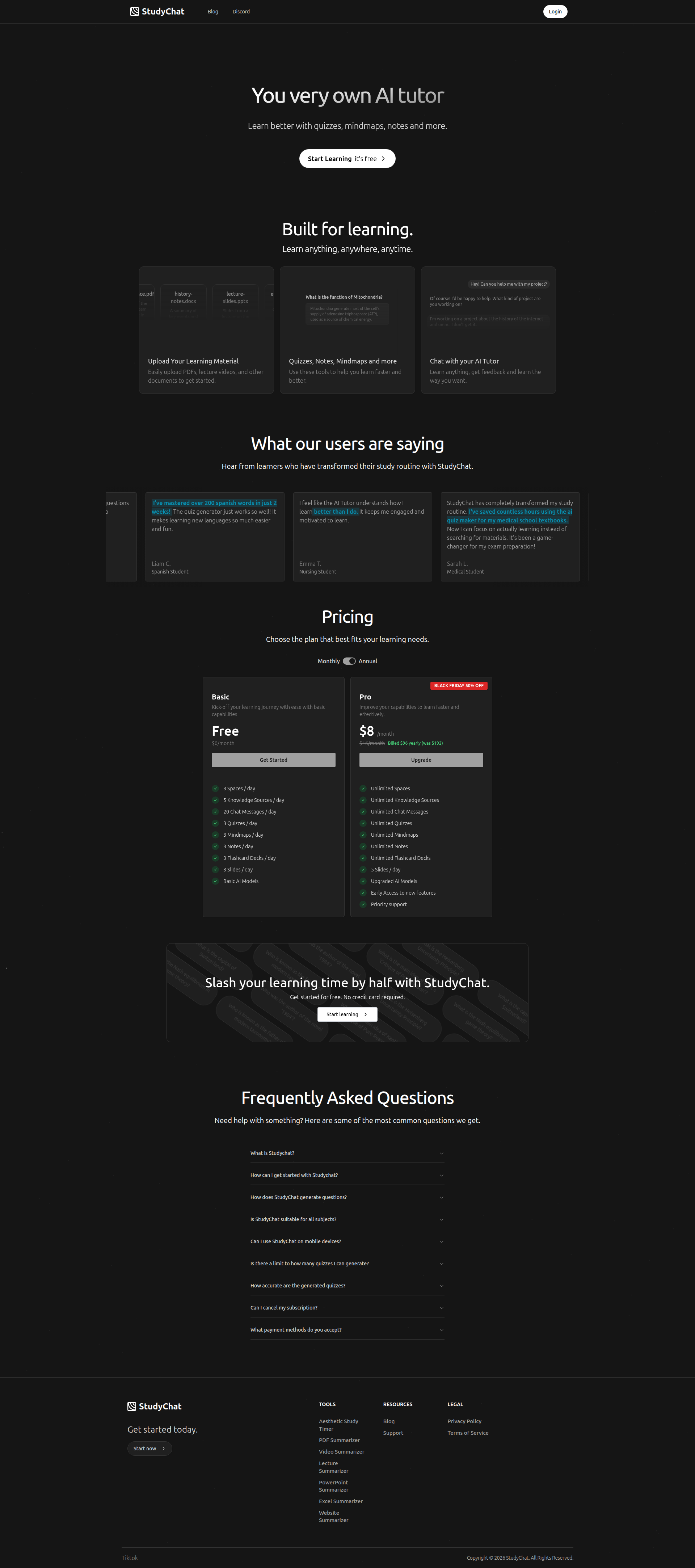 Landing page screenshot for studychat.app, 1920 by 4331 pixels