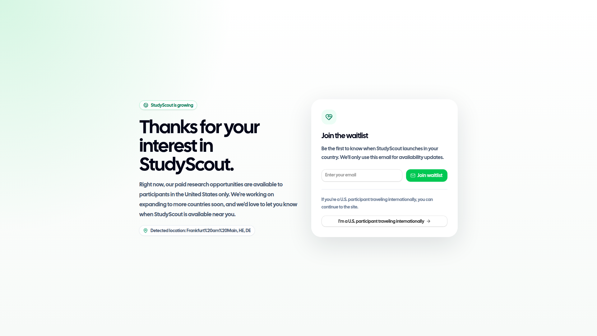 Landing page screenshot for joinstudyscout.com, 1920 by 1080 pixels
