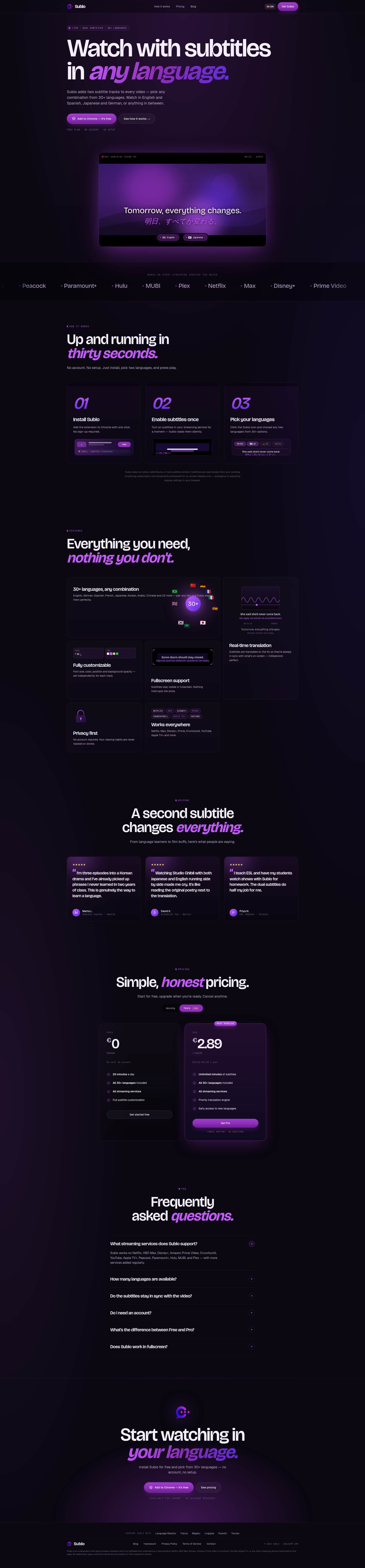 Landing page screenshot for subloapp.com, 1920 by 8254 pixels