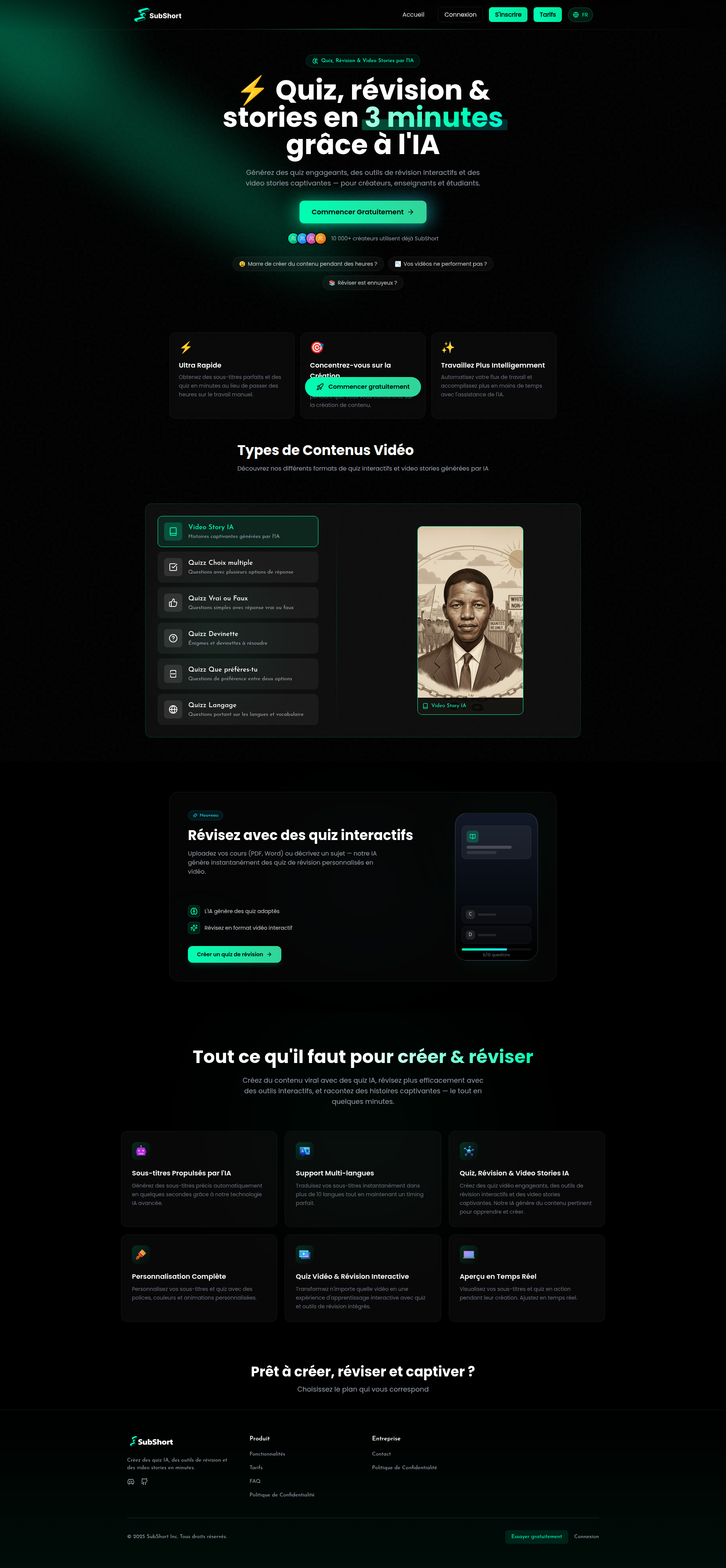 Landing page screenshot for subshort.co, 1920 by 4142 pixels