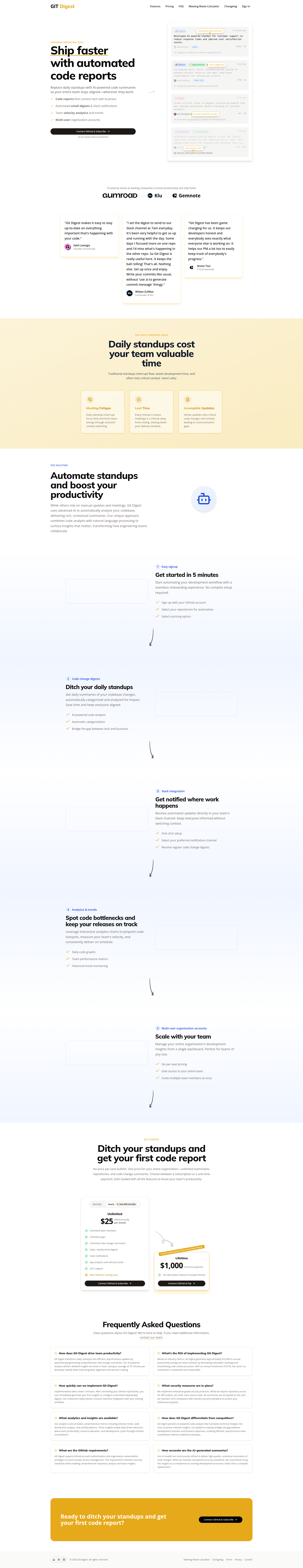 Landing page screenshot for gitdigest.ai, 1920 by 9924 pixels