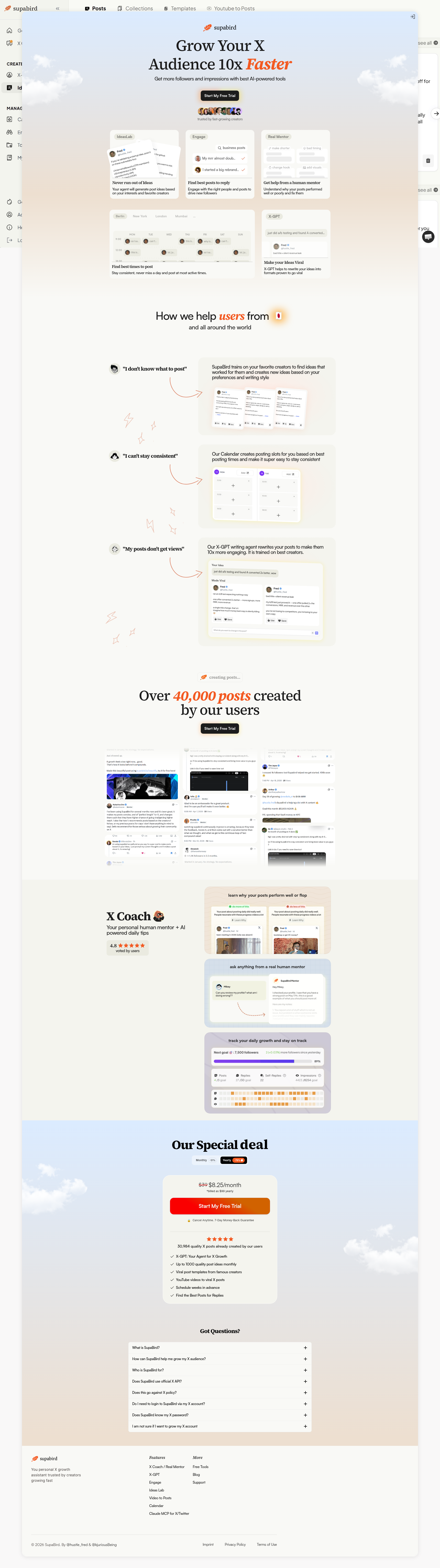 Landing page screenshot for supabird.io, 1920 by 6841 pixels