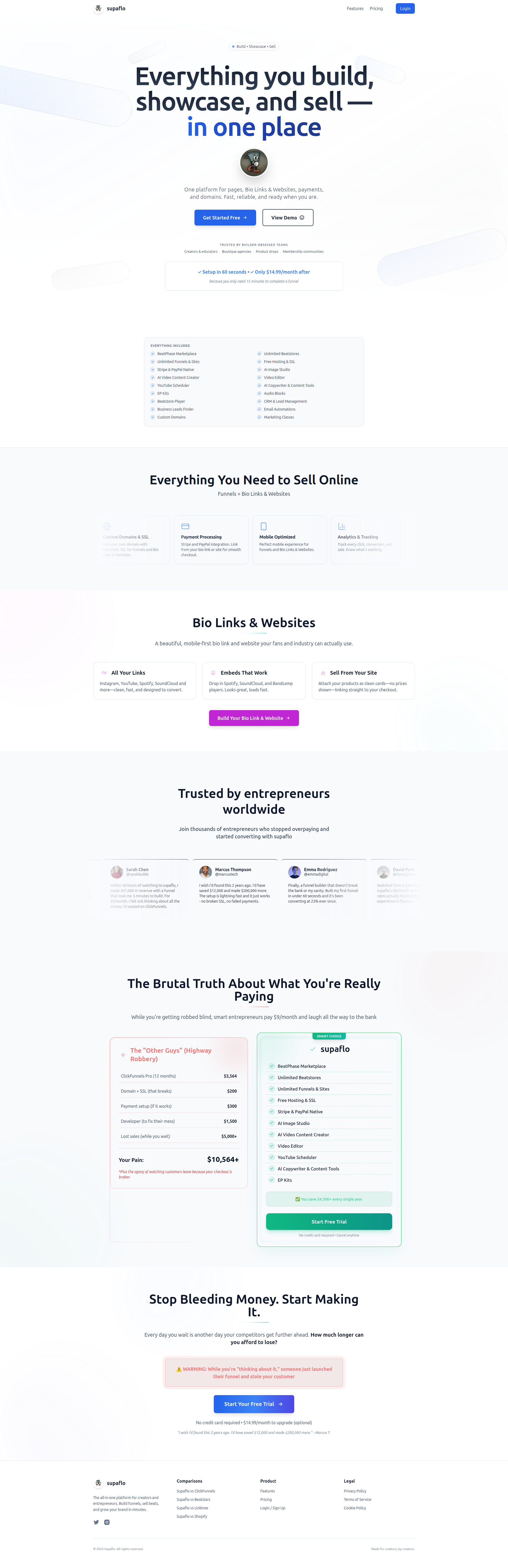 Landing page screenshot for supaflo.cc, 1920 by 5931 pixels