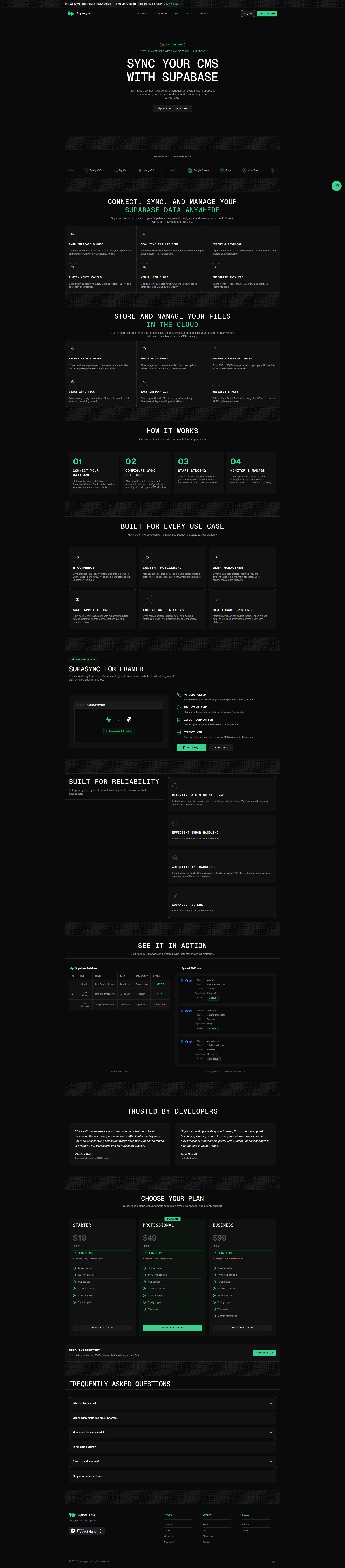 Landing page screenshot for supa-sync.com, 1920 by 8716 pixels