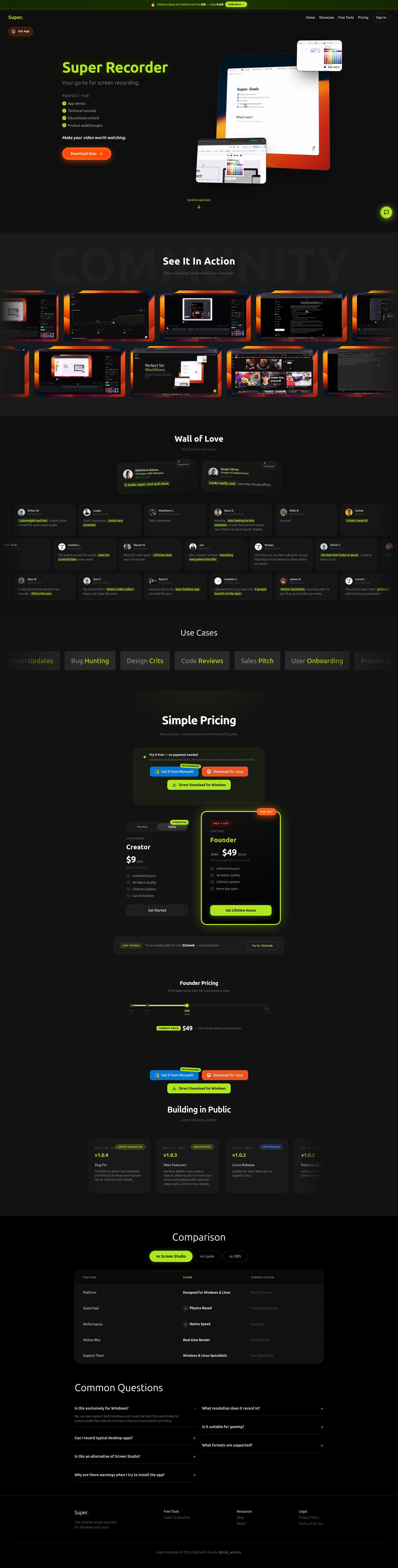 Landing page screenshot for super-recorder.com, 1920 by 7562 pixels