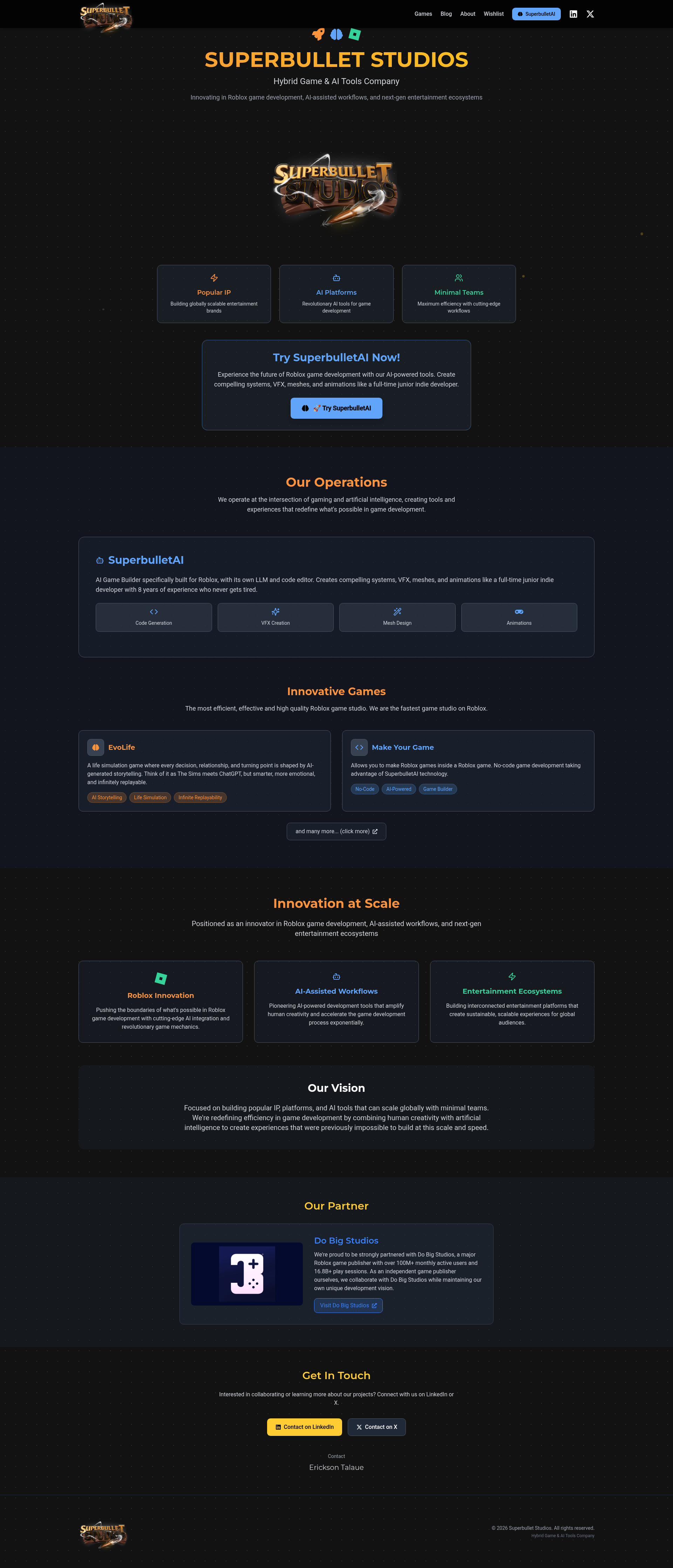 Landing page screenshot for superbulletstudios.com, 1920 by 4475 pixels