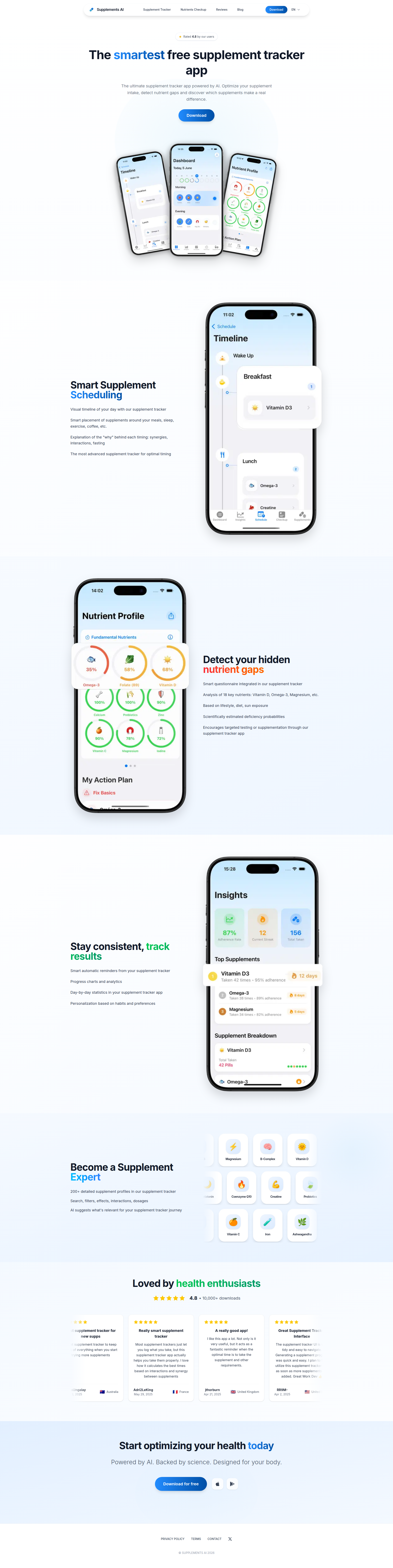 Landing page screenshot for supplements-ai.com, 1920 by 7664 pixels