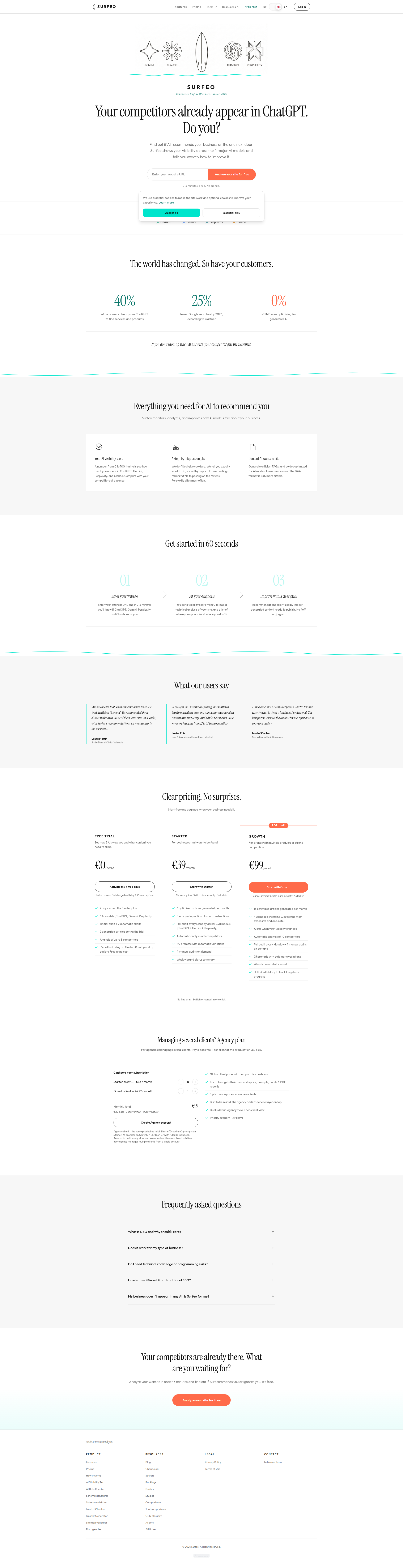 Landing page screenshot for surfeo.ai, 1920 by 7473 pixels