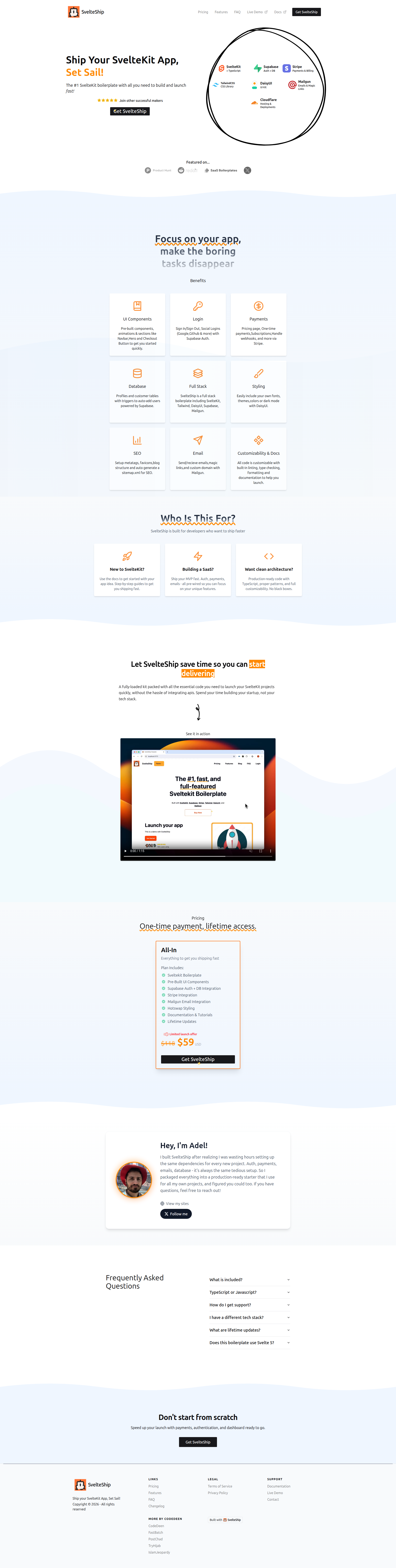 Landing page screenshot for svelteship.com, 1920 by 7593 pixels