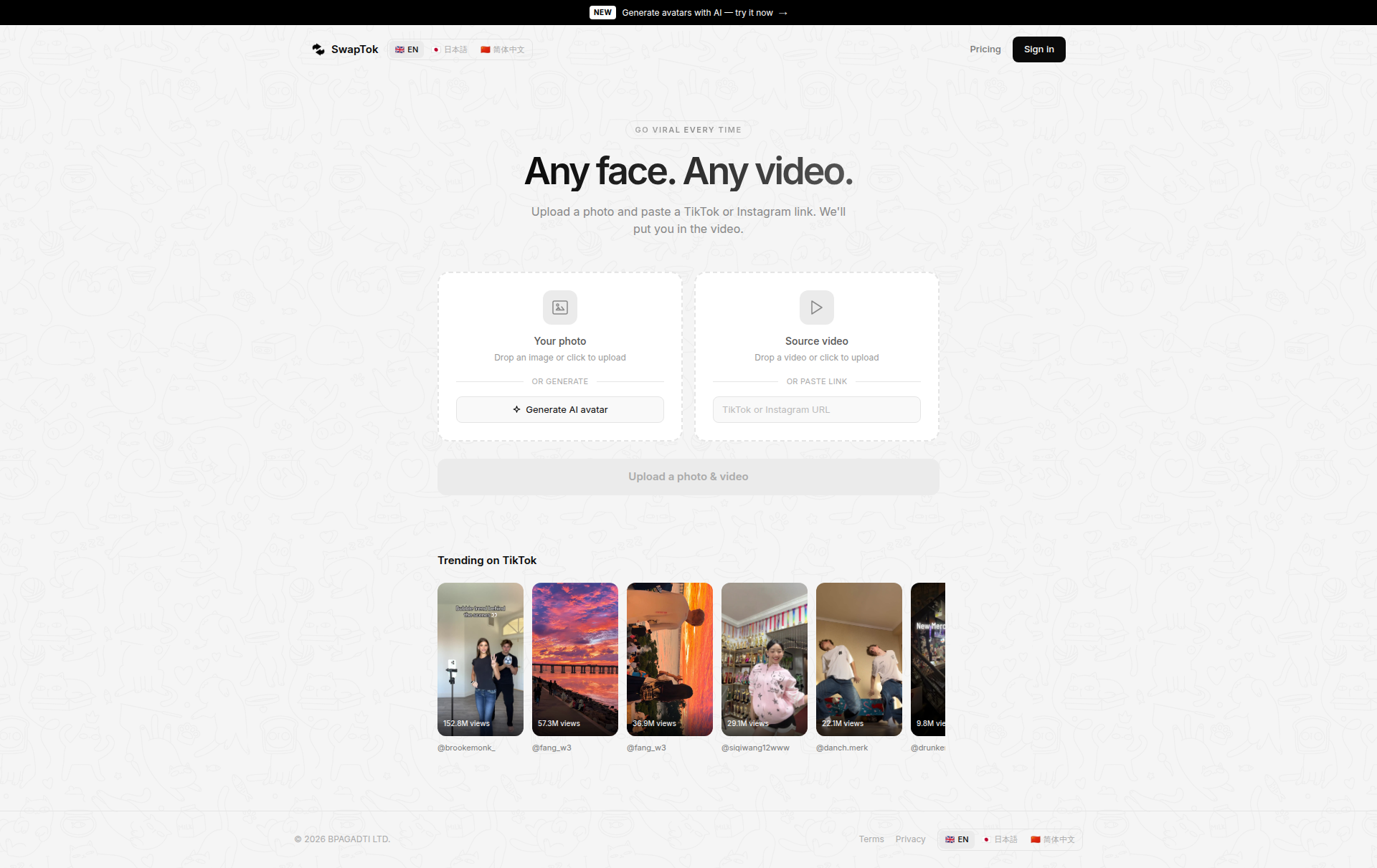 Landing page screenshot for swaptok.app, 1920 by 1211 pixels