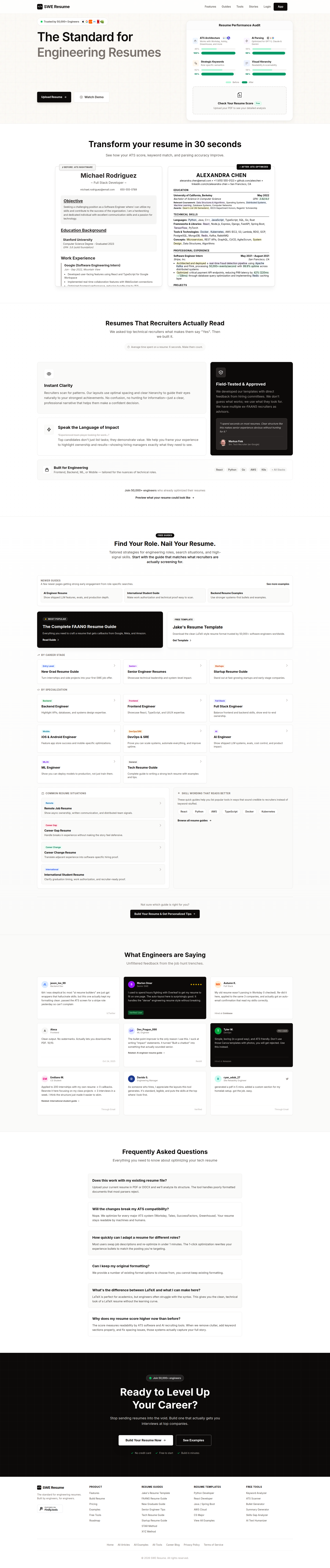 Landing page screenshot for sweresume.app, 1920 by 9123 pixels