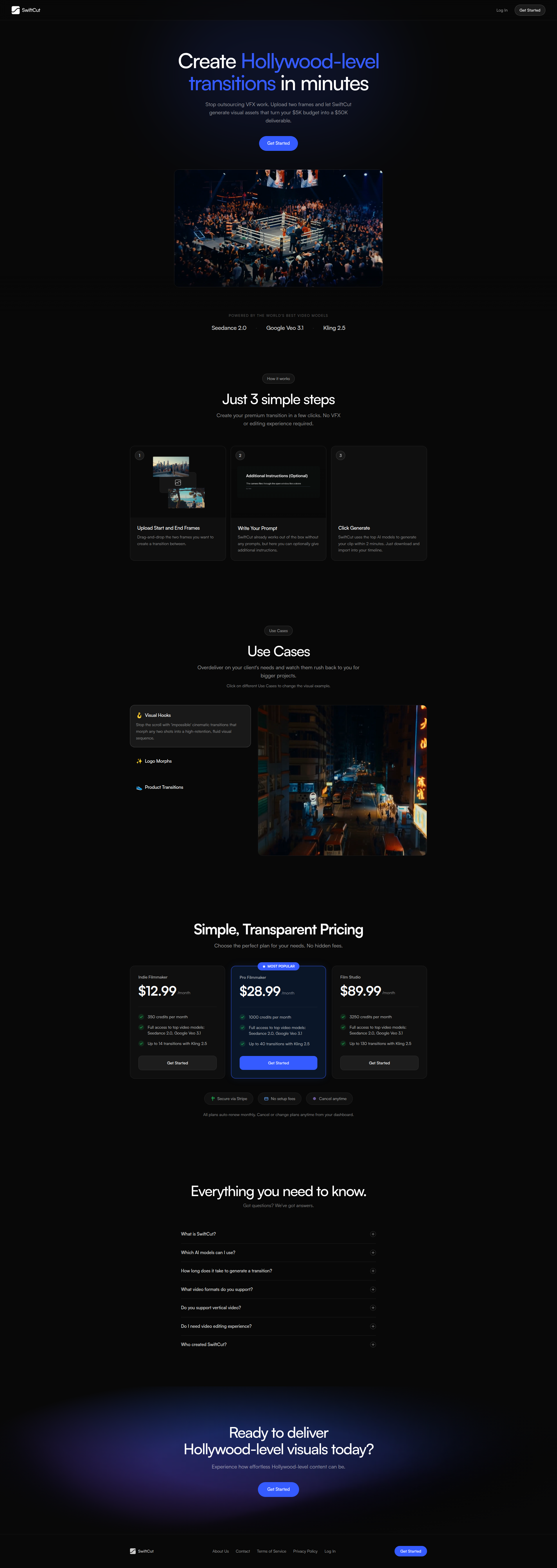 Landing page screenshot for swiftcut.ai, 1920 by 5405 pixels