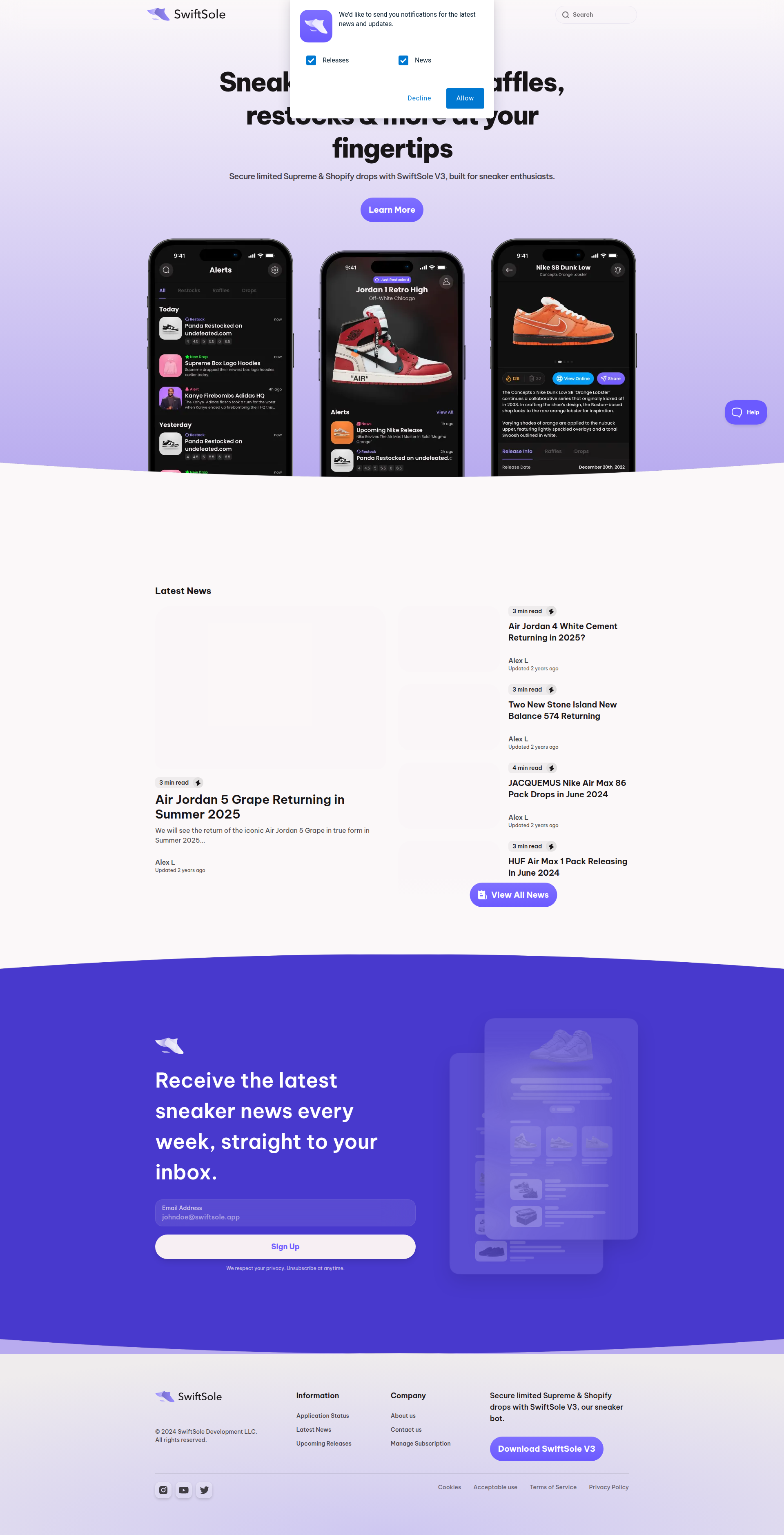 Landing page screenshot for swiftsole.app, 1920 by 3760 pixels