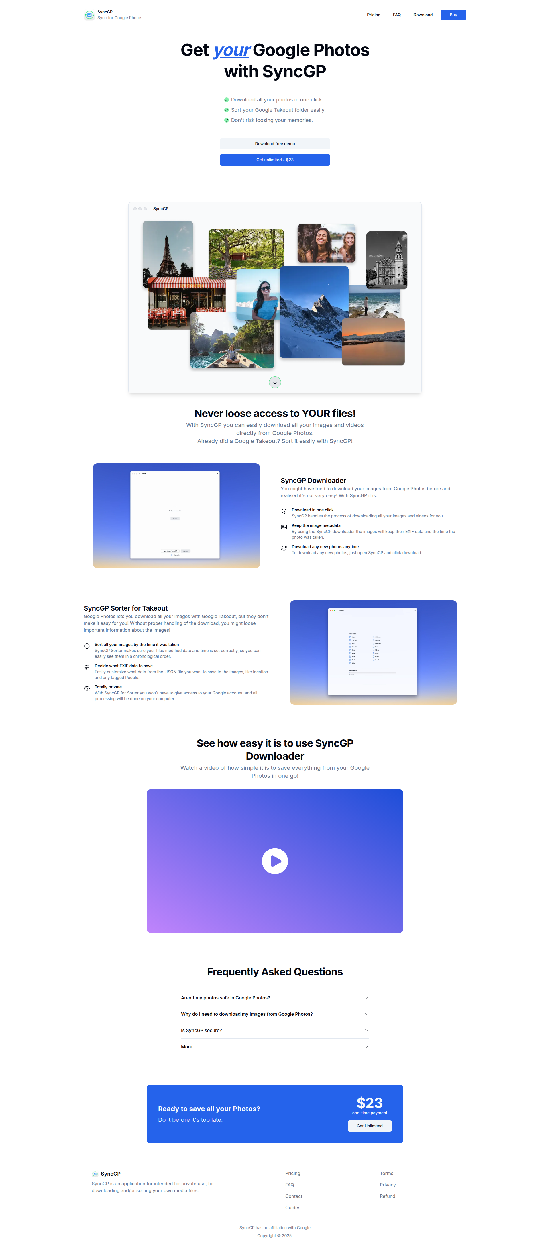 Landing page screenshot for syncgp.app, 1920 by 4365 pixels