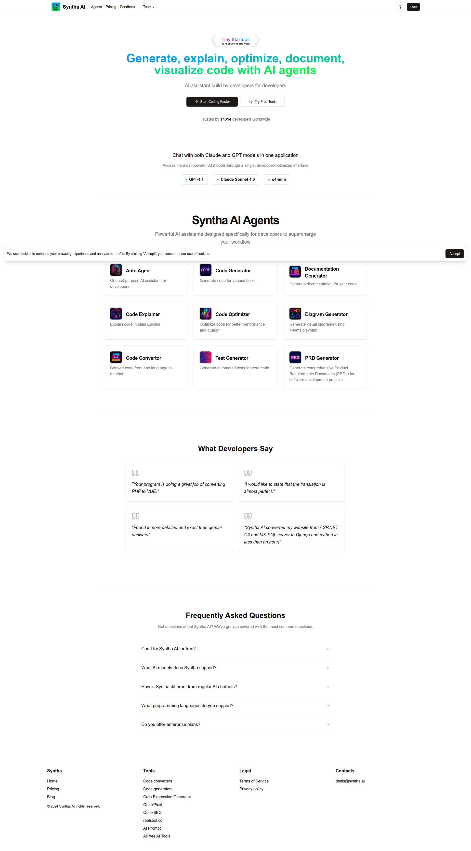 Landing page screenshot for syntha.ai, 1920 by 3465 pixels