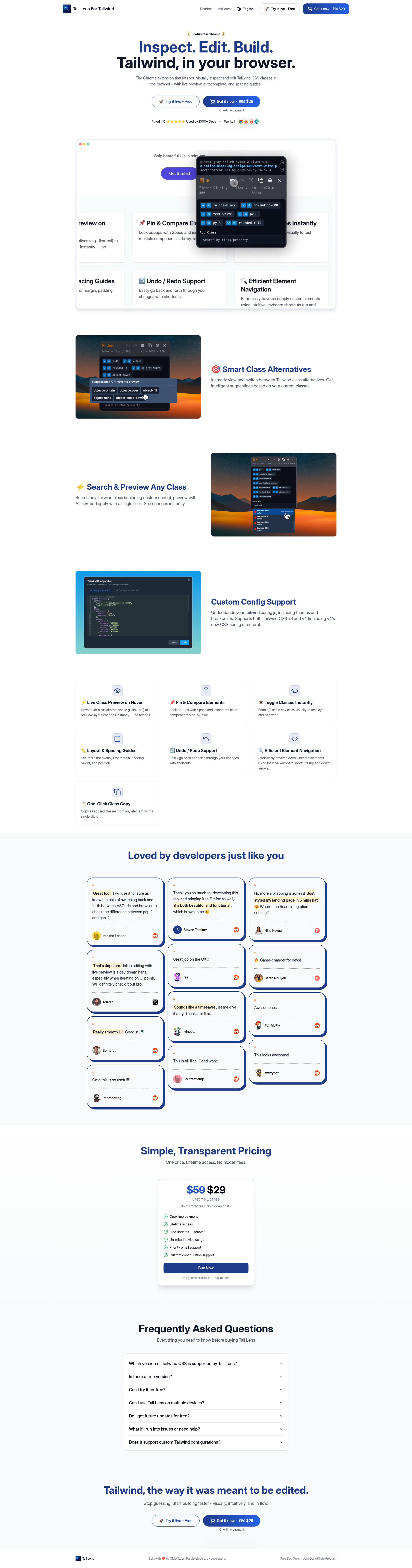 Landing page screenshot for taillens.io, 1920 by 7301 pixels