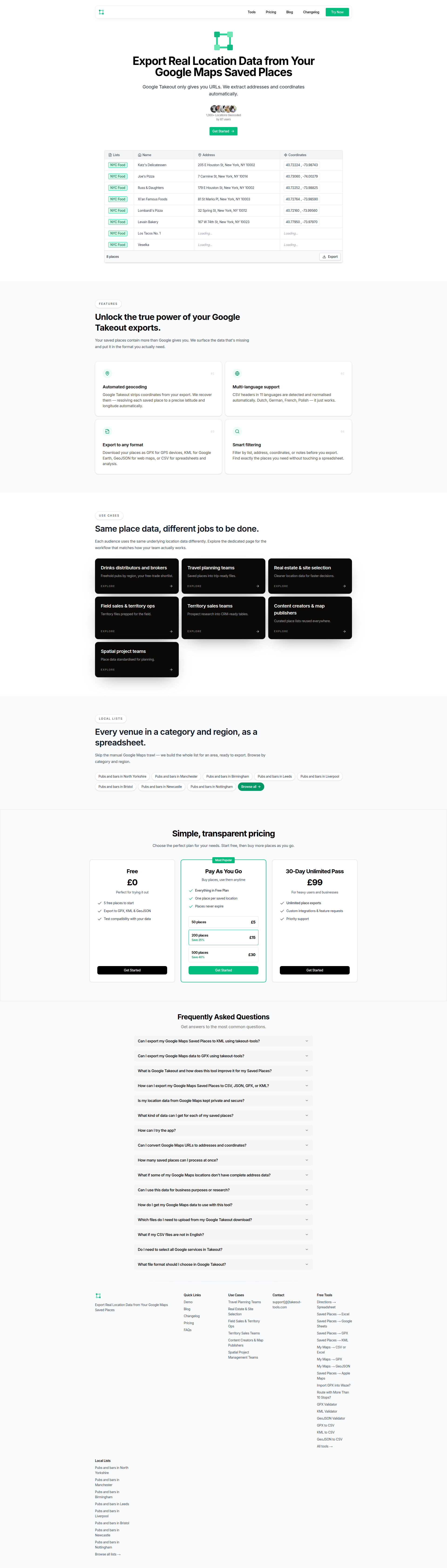 Landing page screenshot for takeout-tools.com, 1920 by 6739 pixels