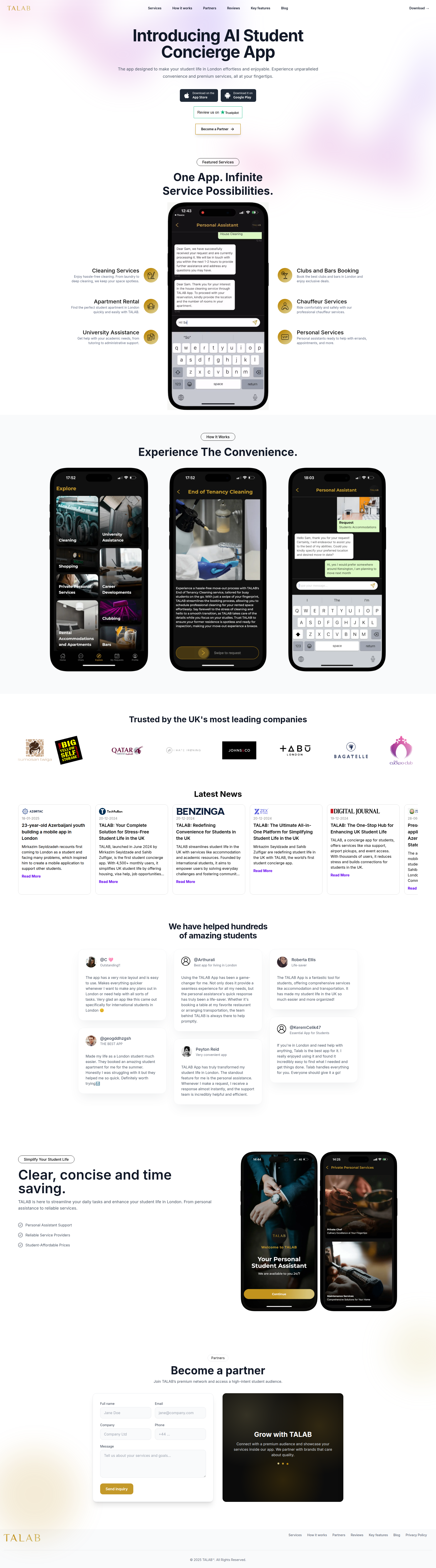 Landing page screenshot for talabapp.co.uk, 1920 by 6899 pixels