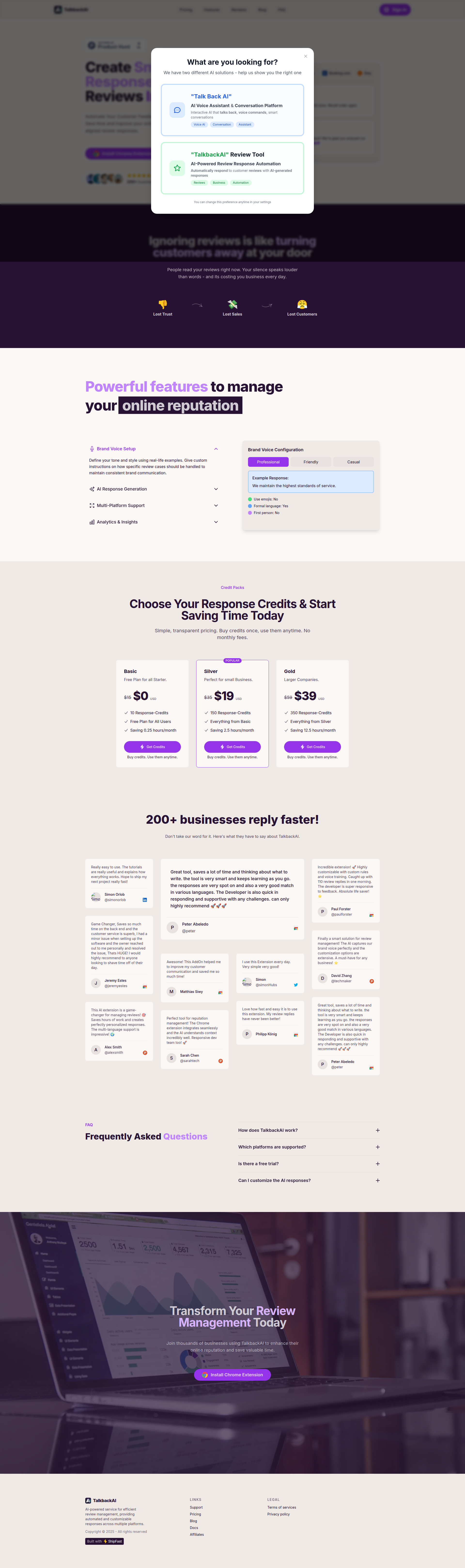 Landing page screenshot for talkbackai.com, 1920 by 6470 pixels