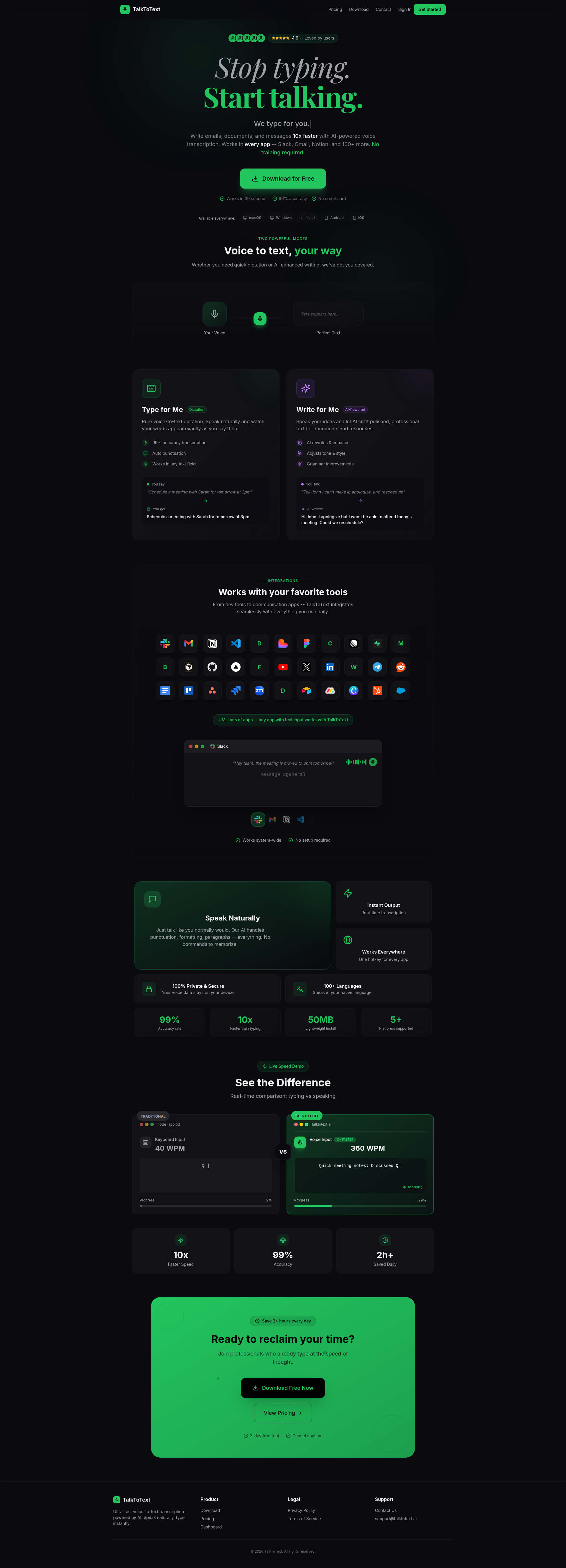 Landing page screenshot for talktotext.ai, 1920 by 5313 pixels