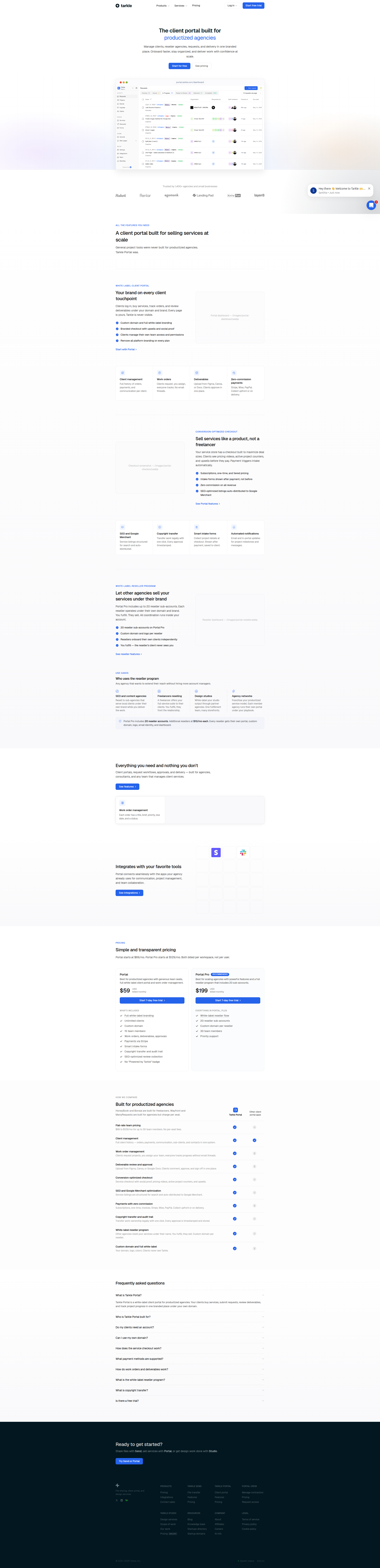 Landing page screenshot for tarkle.com, 1920 by 7915 pixels