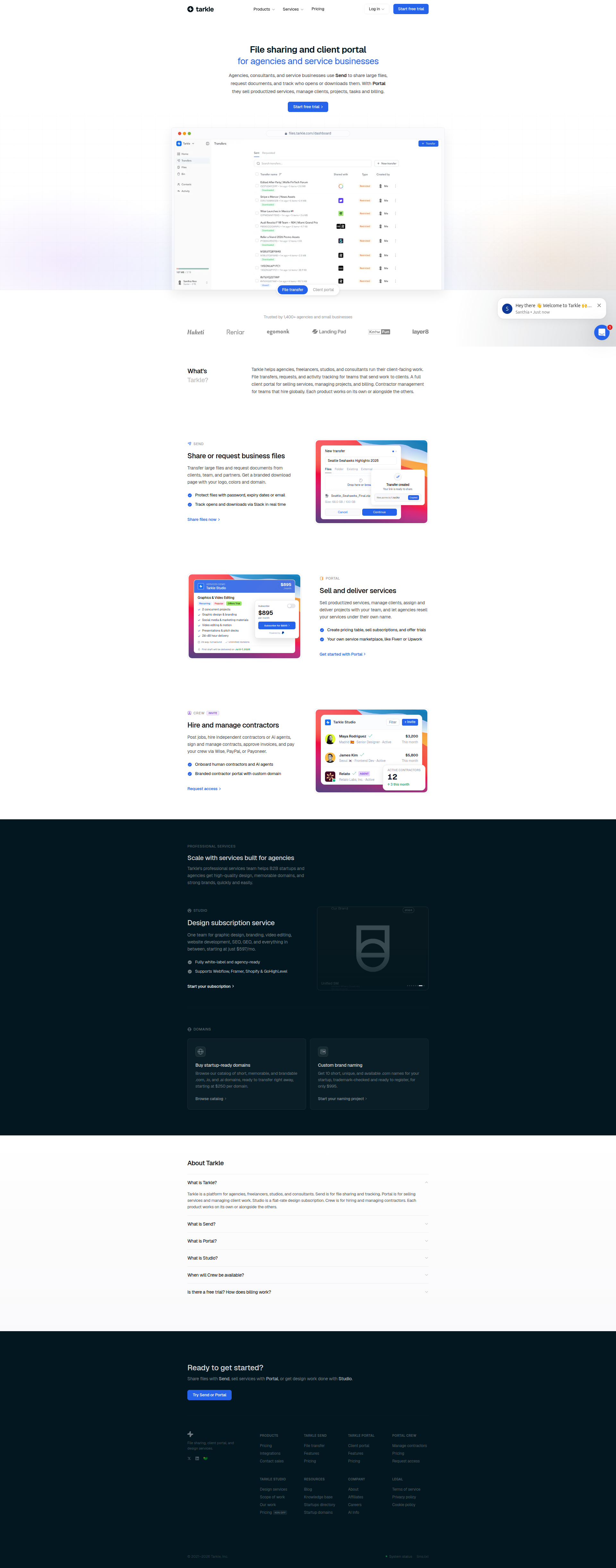 Landing page screenshot for tarkle.com, 1920 by 4886 pixels