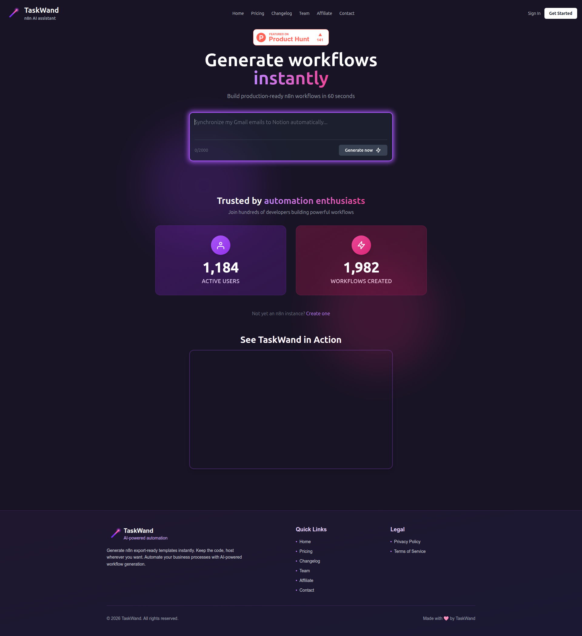 Landing page screenshot for taskwand.io, 1920 by 2096 pixels