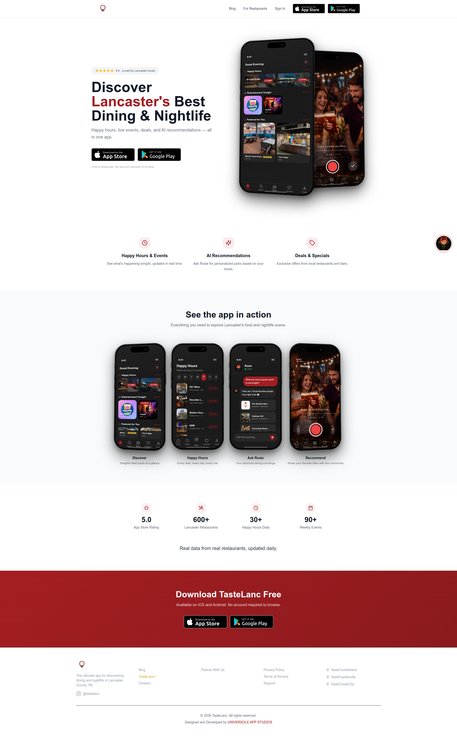 Landing page screenshot for tastelanc.com, 1920 by 3094 pixels