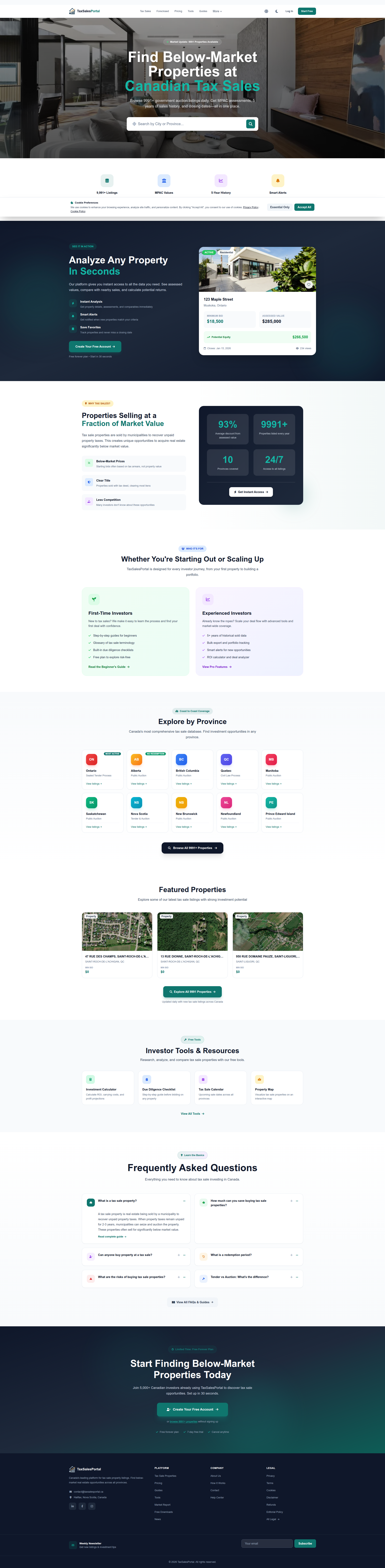 Landing page screenshot for taxsalesportal.ca, 1920 by 7818 pixels