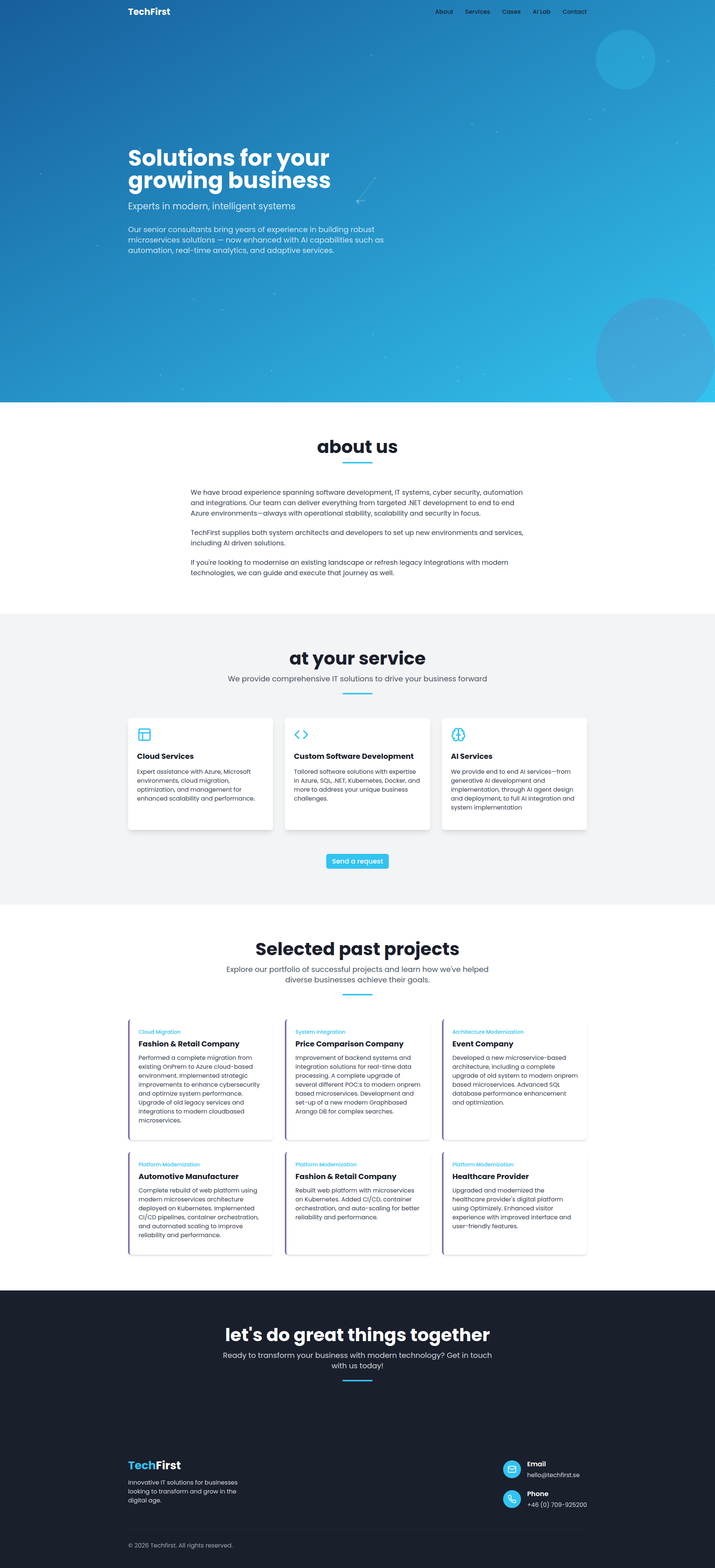 Landing page screenshot for techfirst.se, 1920 by 4209 pixels
