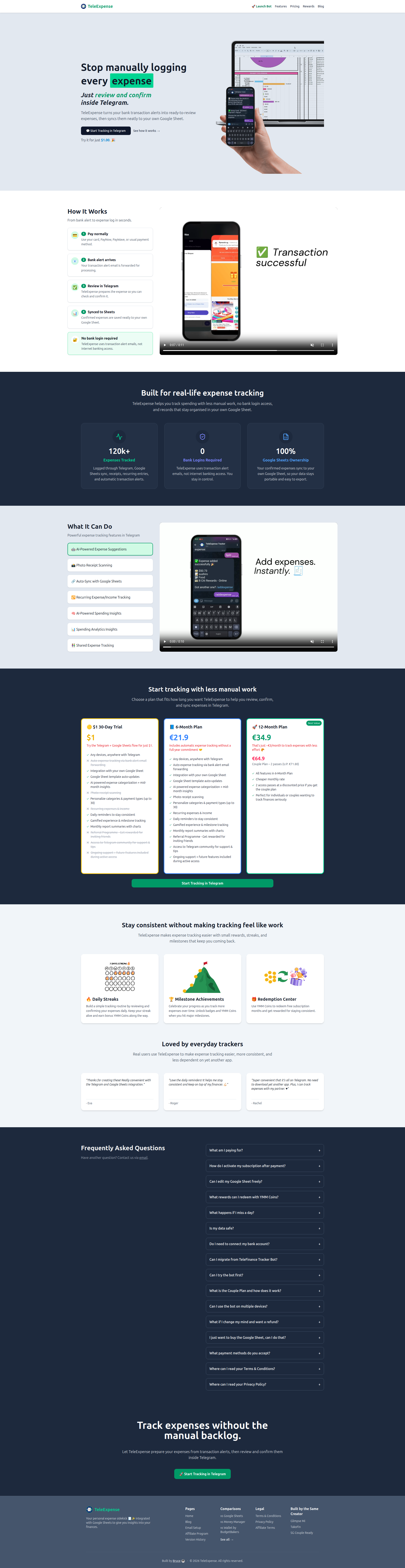 Landing page screenshot for tele.expensetracker.fyi, 1920 by 7435 pixels