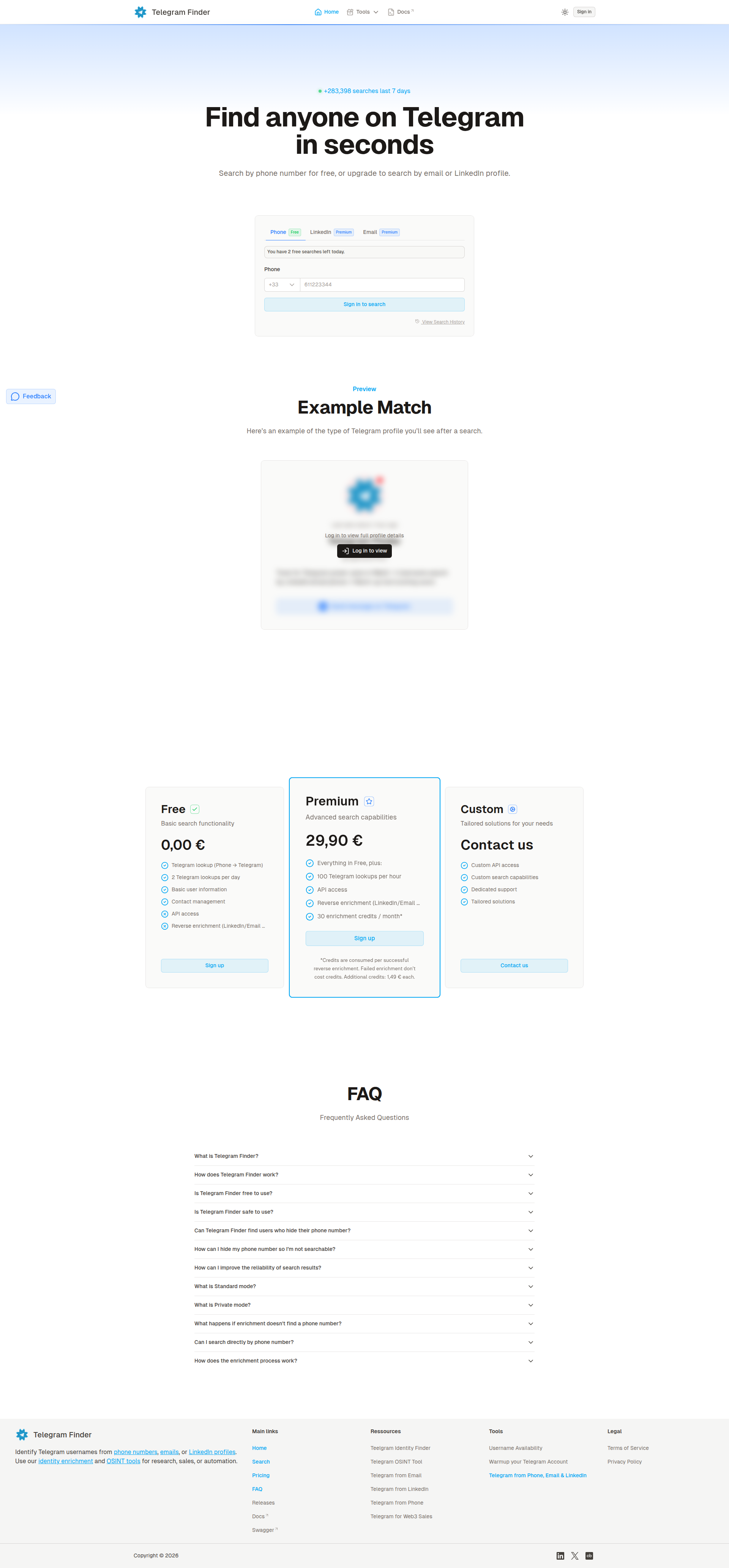 Landing page screenshot for telegram-finder.io, 1920 by 4129 pixels