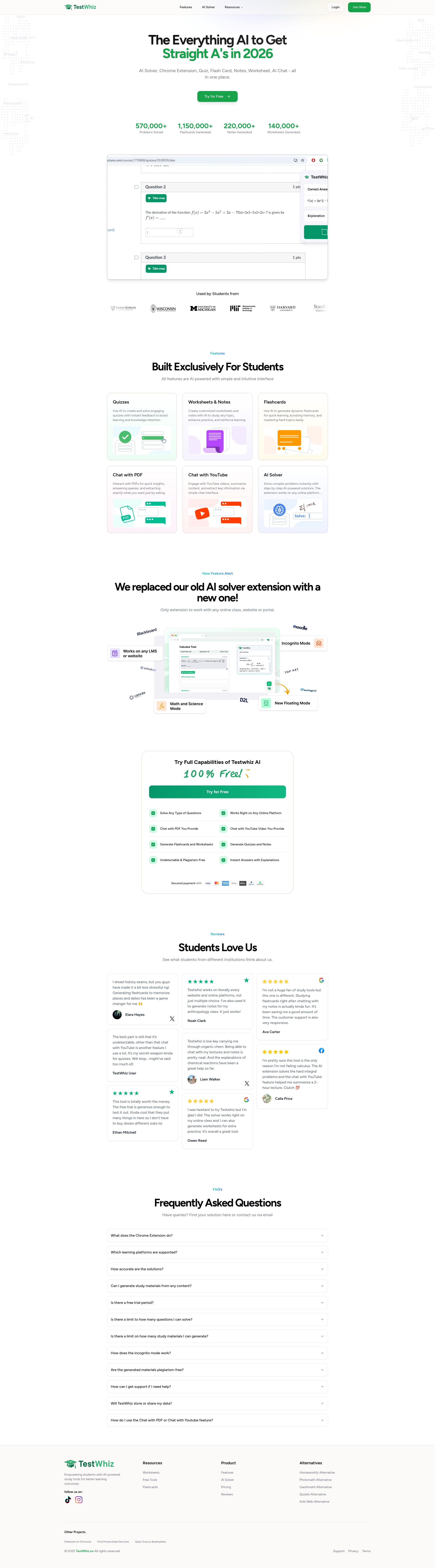 Landing page screenshot for testwhiz.co, 1920 by 6909 pixels