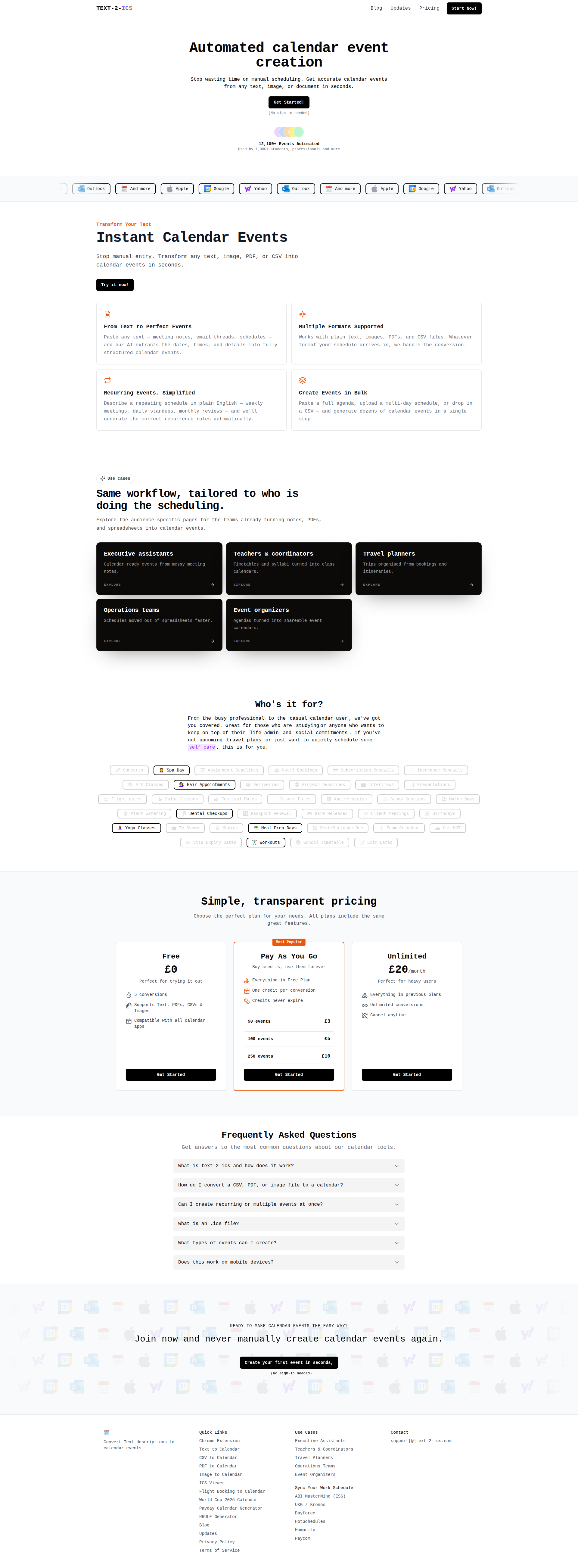 Landing page screenshot for text-2-ics.com, 1920 by 5207 pixels