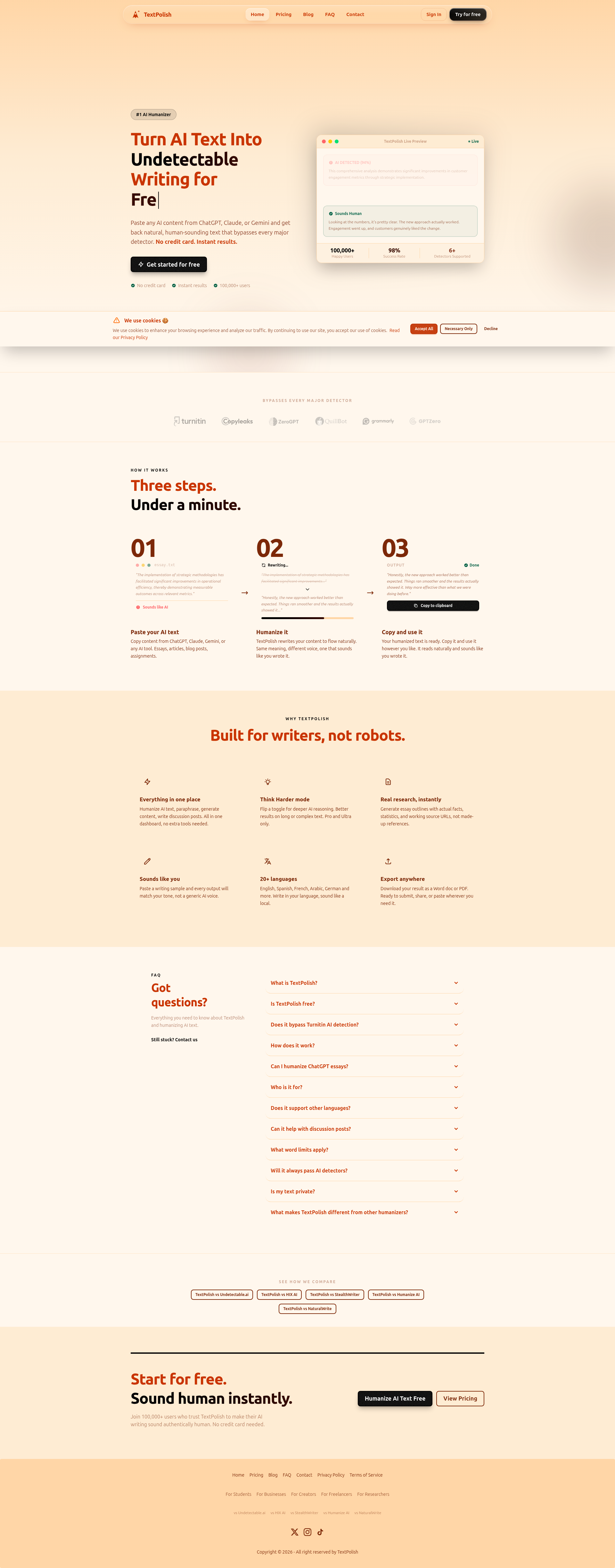 Landing page screenshot for text-polish.com, 1920 by 4888 pixels