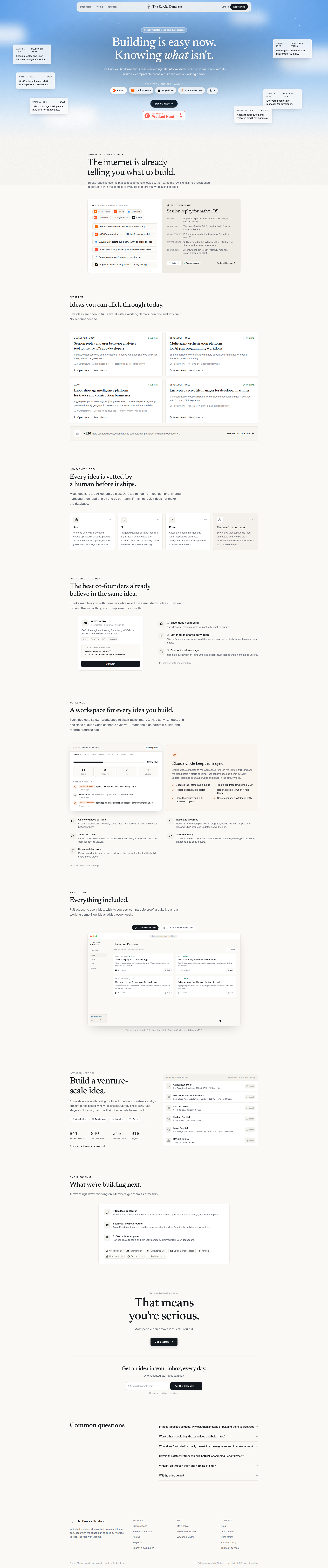 Landing page screenshot for theeurekadatabase.com, 1920 by 9152 pixels