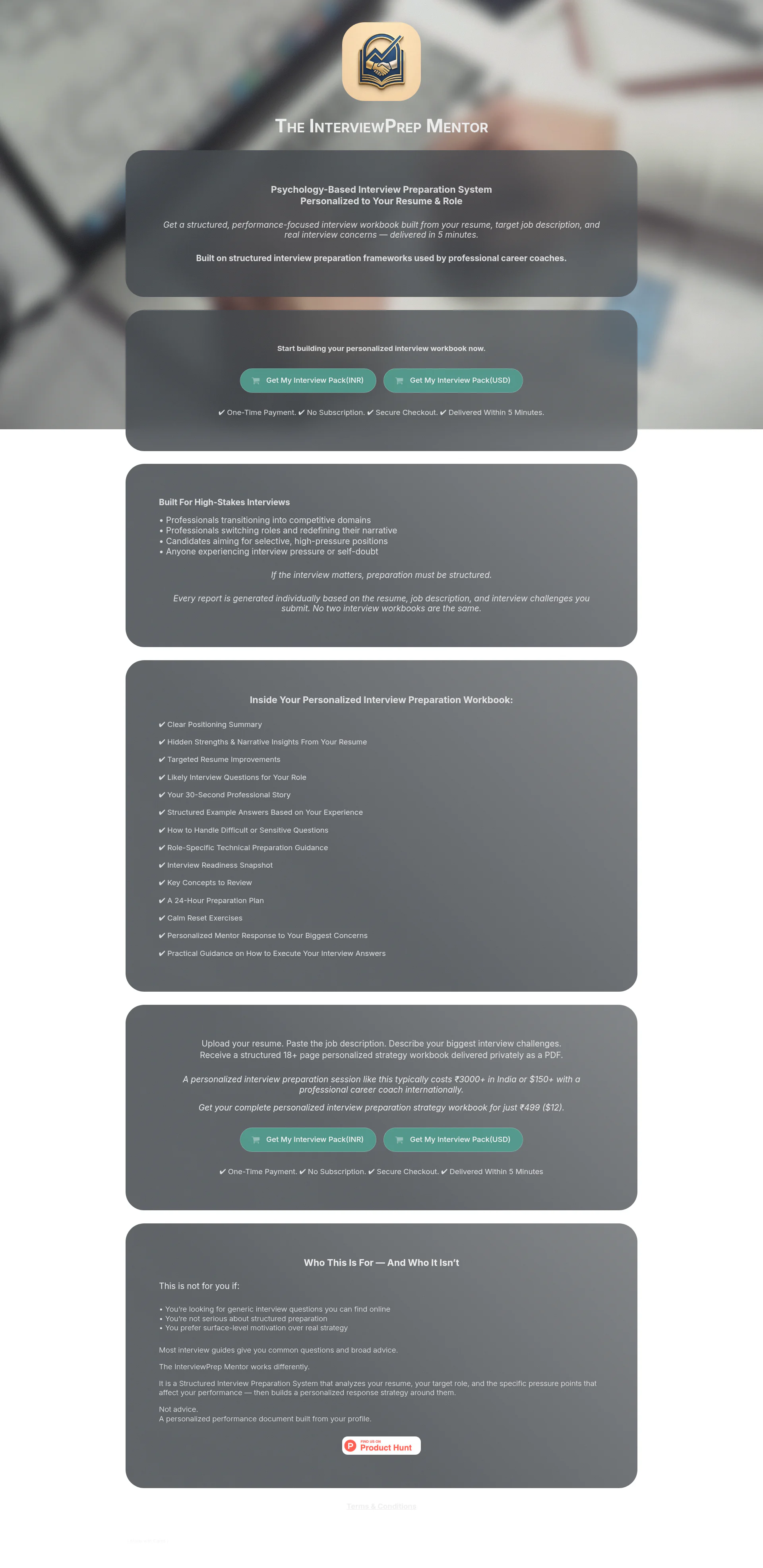 The InterviewPrep Mentor landing page