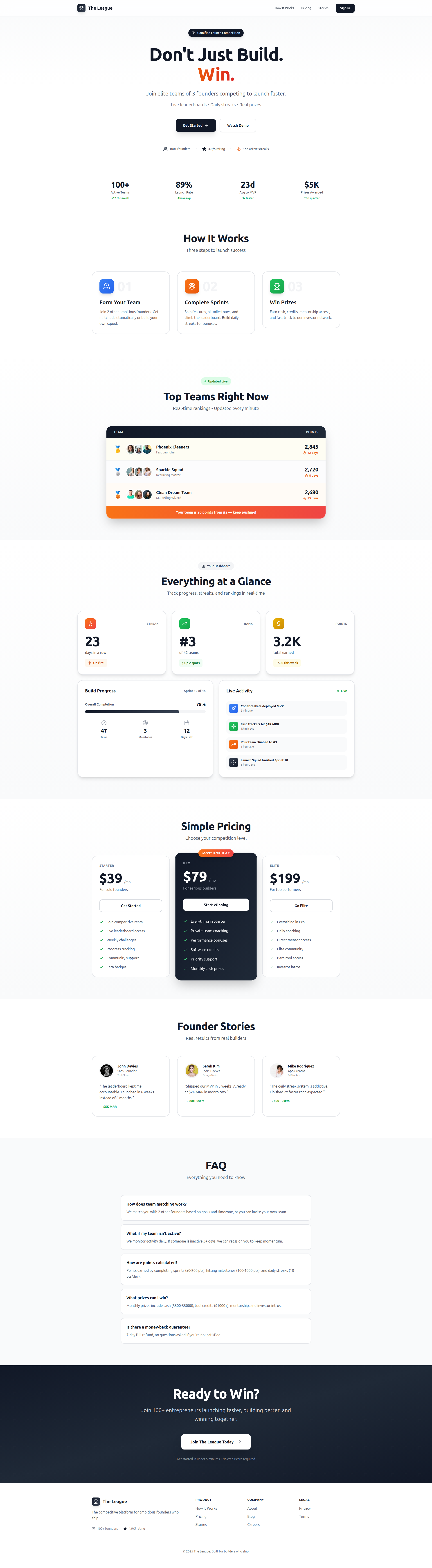 Landing page screenshot for trytheleague.com, 1920 by 6961 pixels