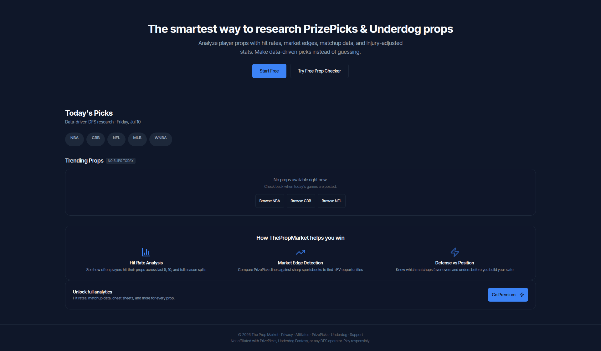 Landing page screenshot for thepropmarket.com, 1920 by 1123 pixels
