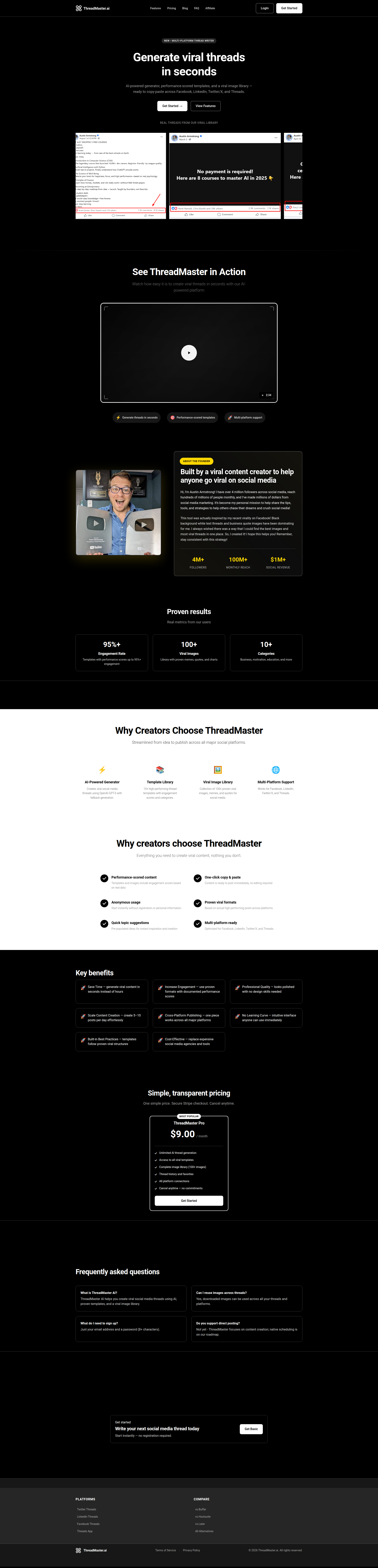 Landing page screenshot for threadmaster.ai, 1920 by 7969 pixels