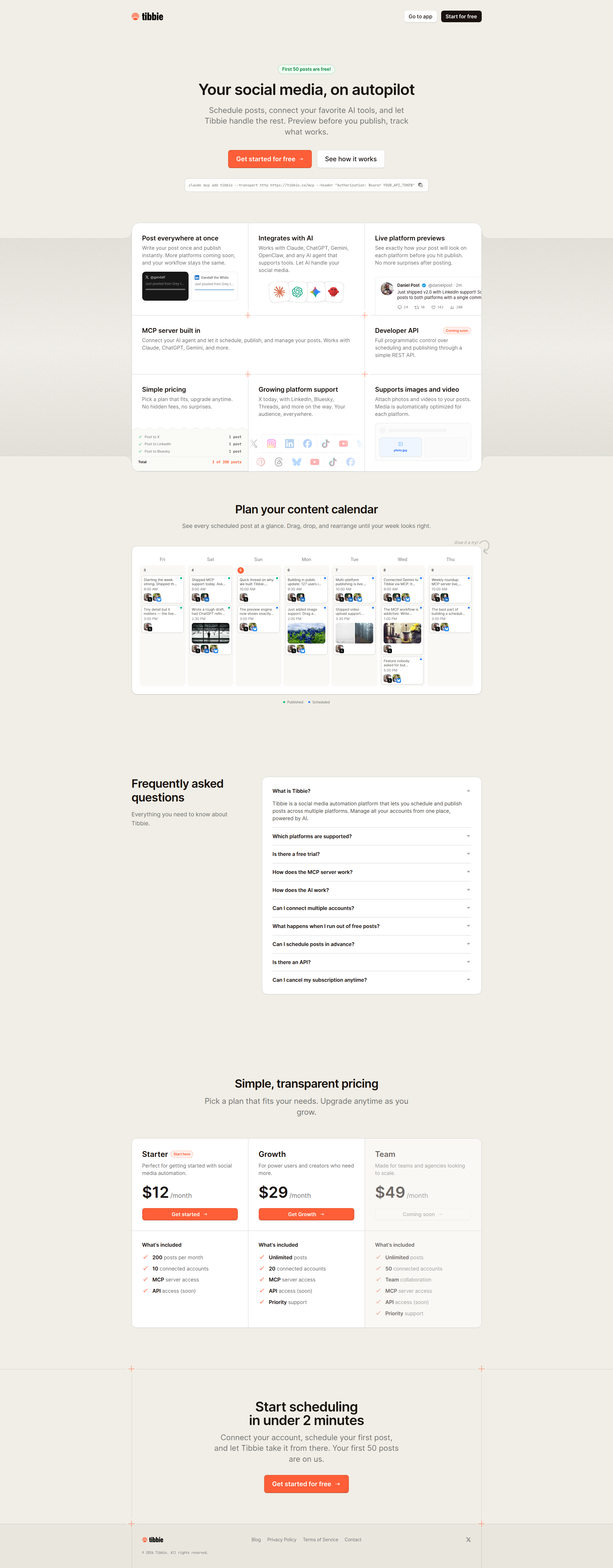 Landing page screenshot for tibbie.co, 1905 by 4871 pixels