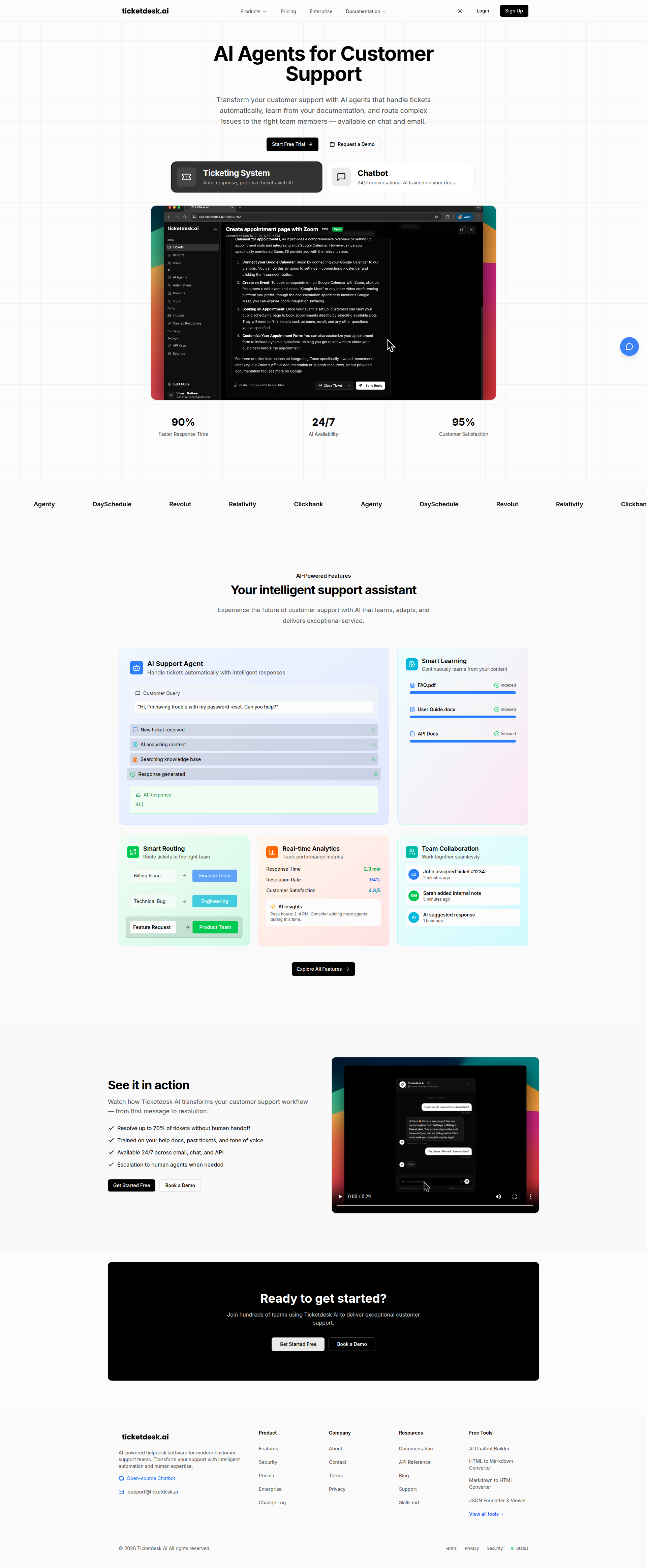 Landing page screenshot for ticketdesk.ai, 1920 by 4652 pixels