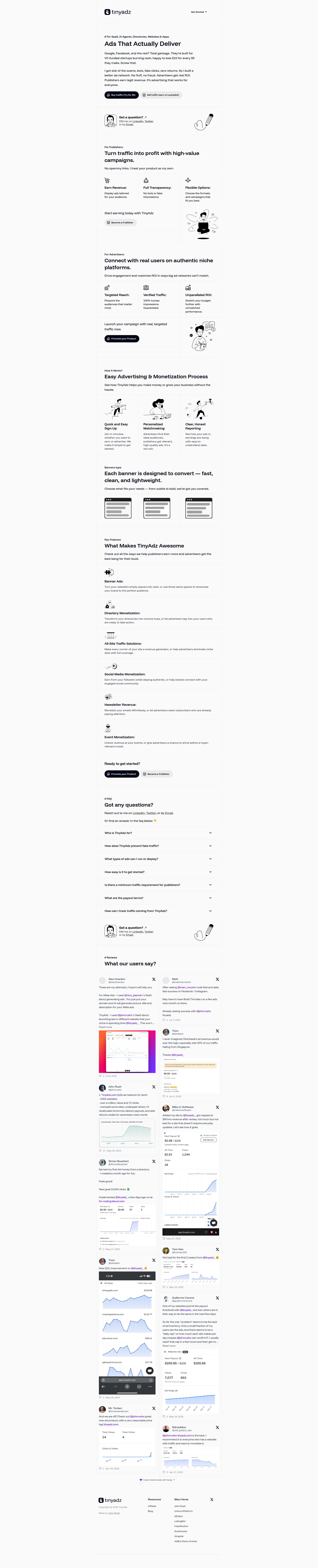 Landing page screenshot for tinyadz.com, 1920 by 9471 pixels
