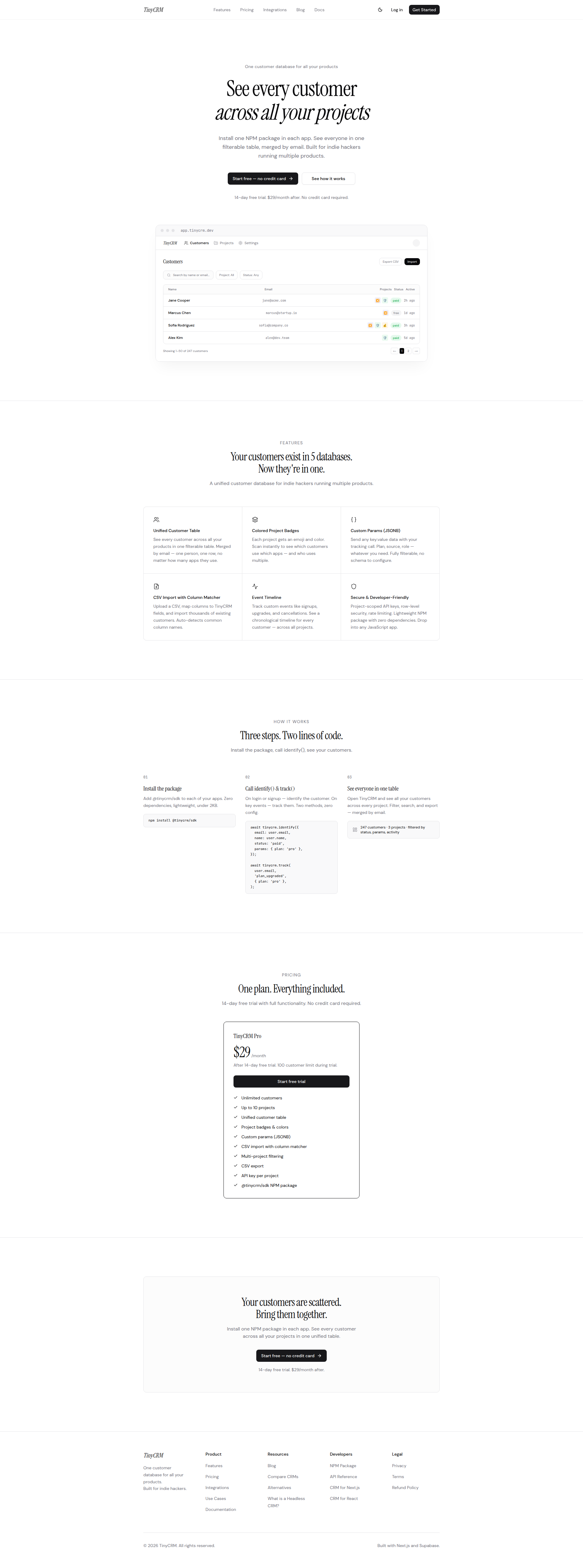 Landing page screenshot for tinycrm.dev, 1920 by 5163 pixels