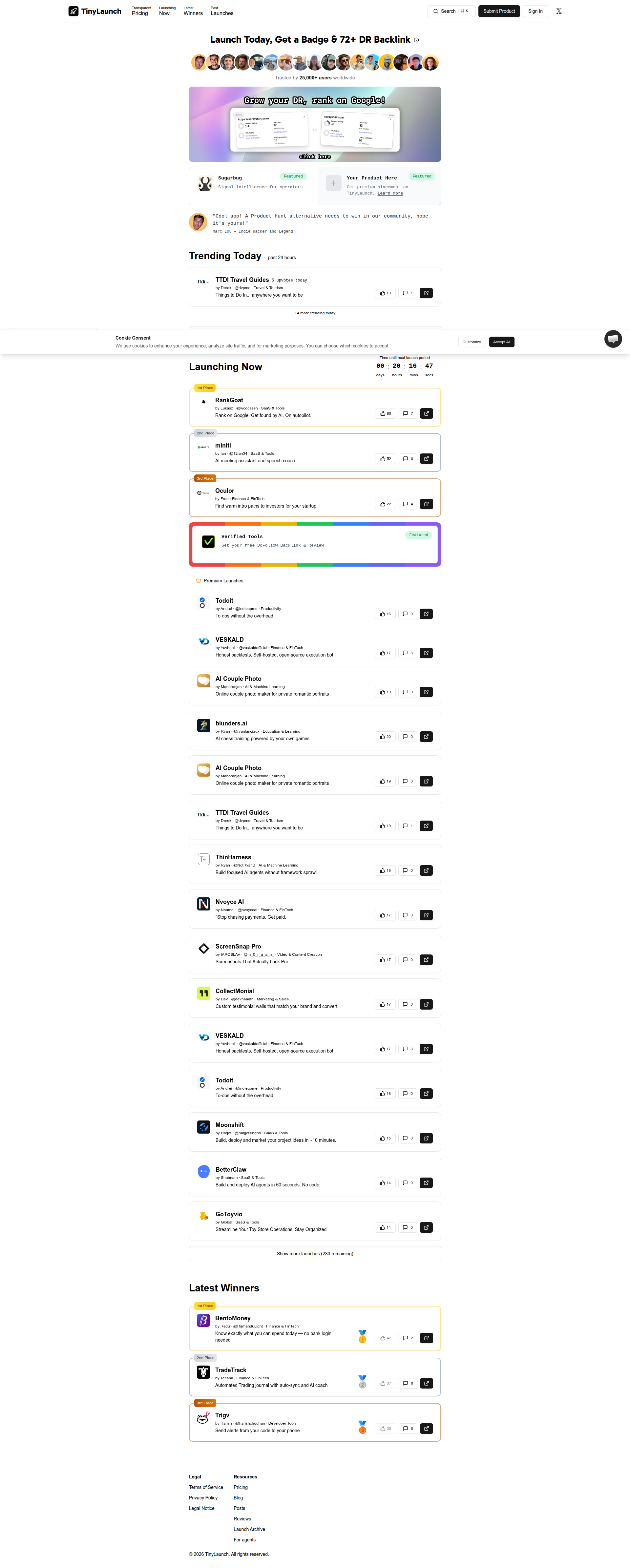 Landing page screenshot for tinylaunch.com, 1920 by 4779 pixels