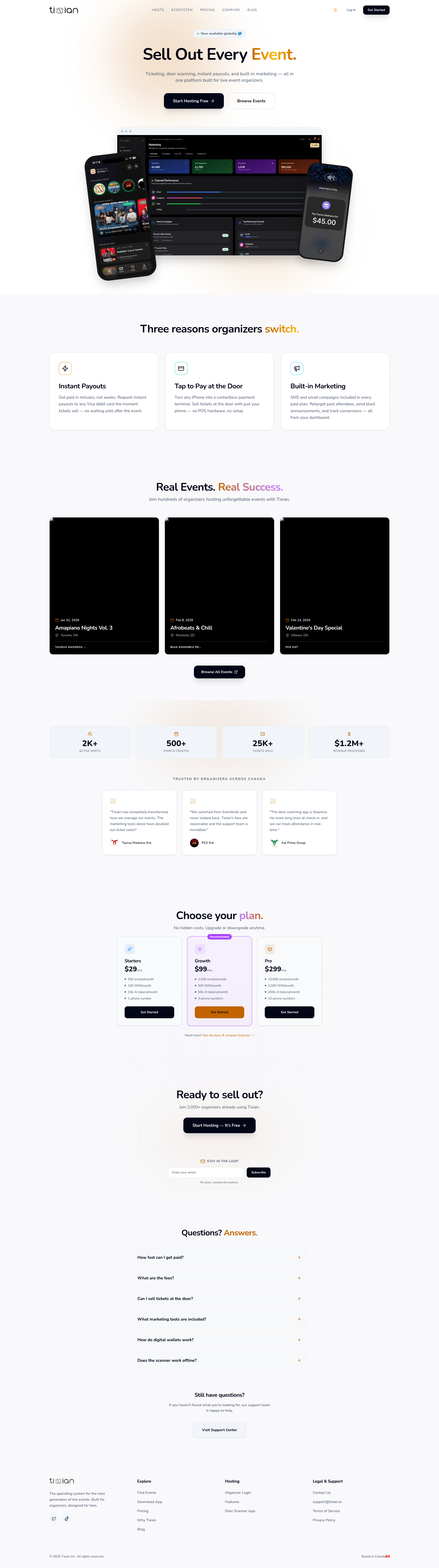 Landing page screenshot for tixian.io, 1920 by 6851 pixels