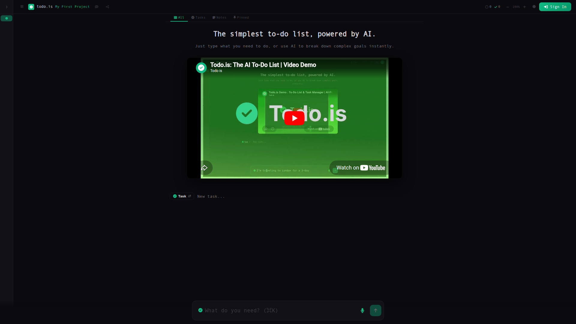Landing page screenshot for todo.is, 1920 by 1080 pixels