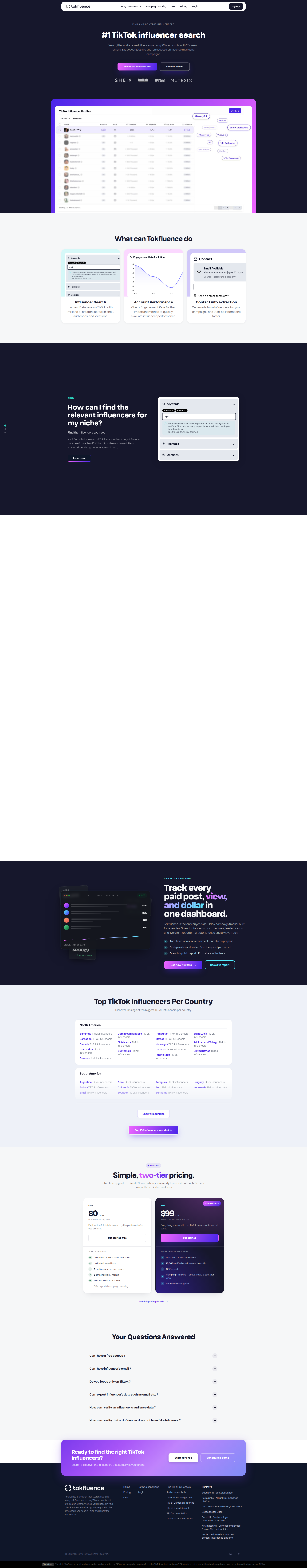 Landing page screenshot for tokfluence.com, 1920 by 9809 pixels