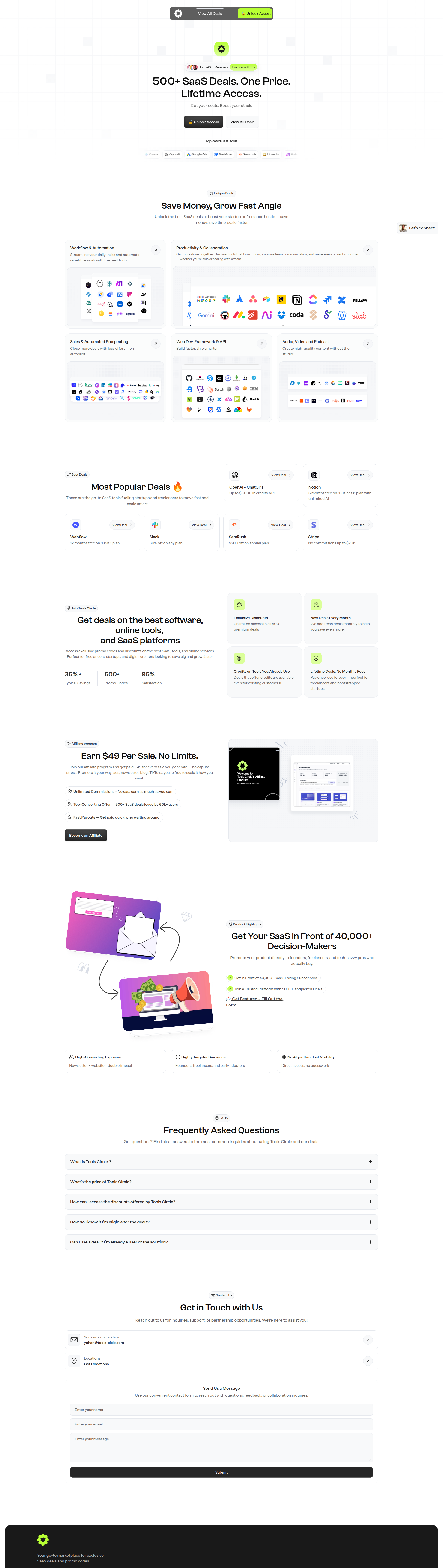 Landing page screenshot for tools-circle.com, 1920 by 6788 pixels